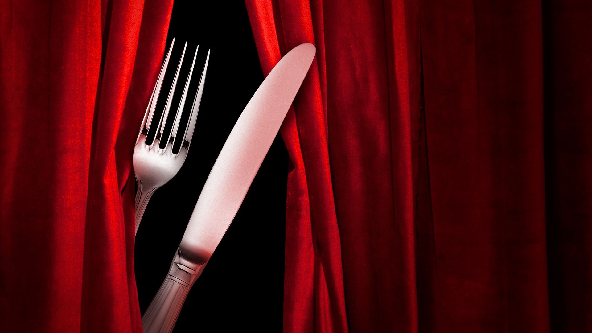 Illustration of a fork and knife peaking out from behind a theater curtain