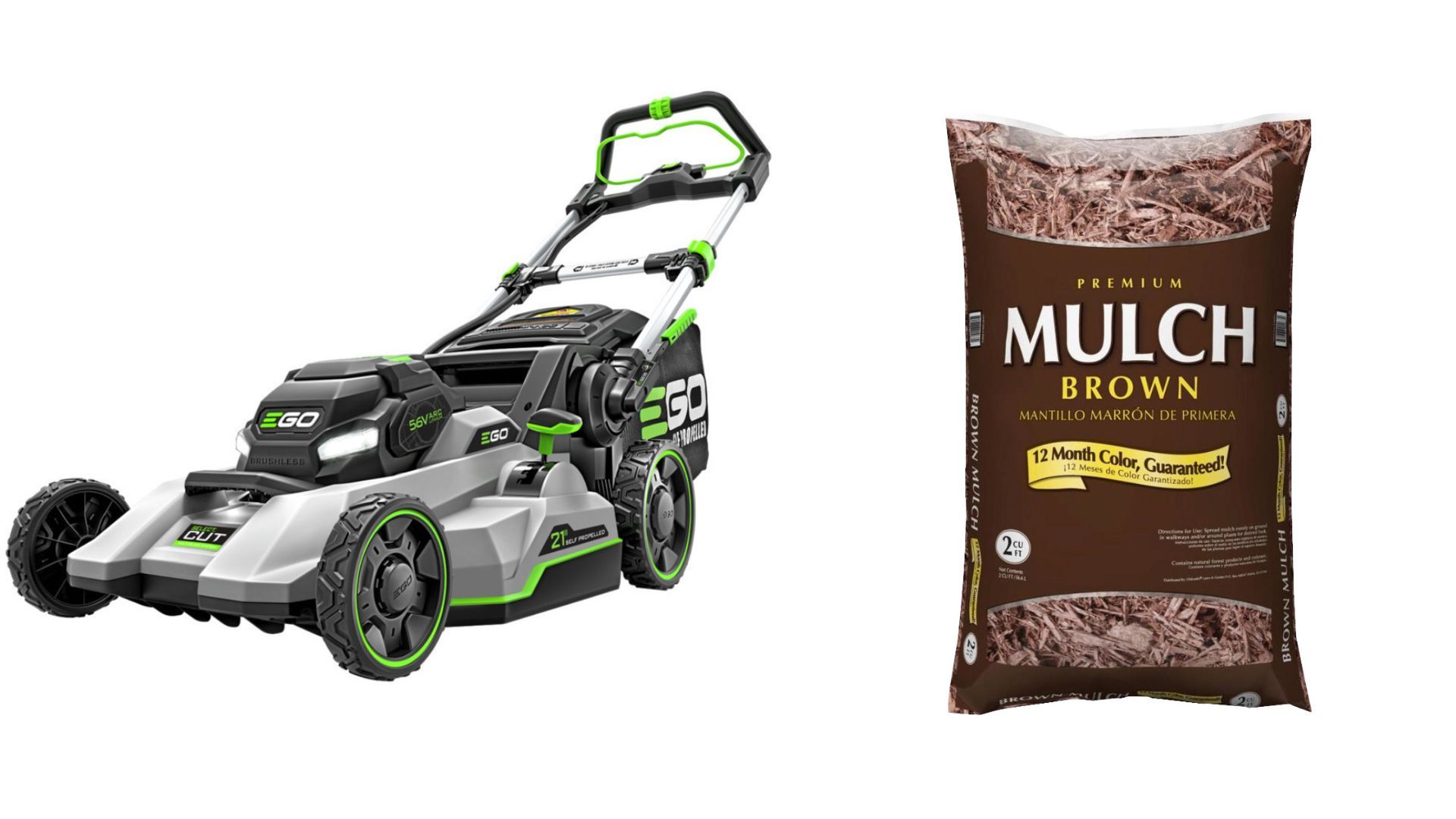 An EGO 56V cordless electric lawn mower next to a bag of premium brown mulch with a 12-month color guarantee.