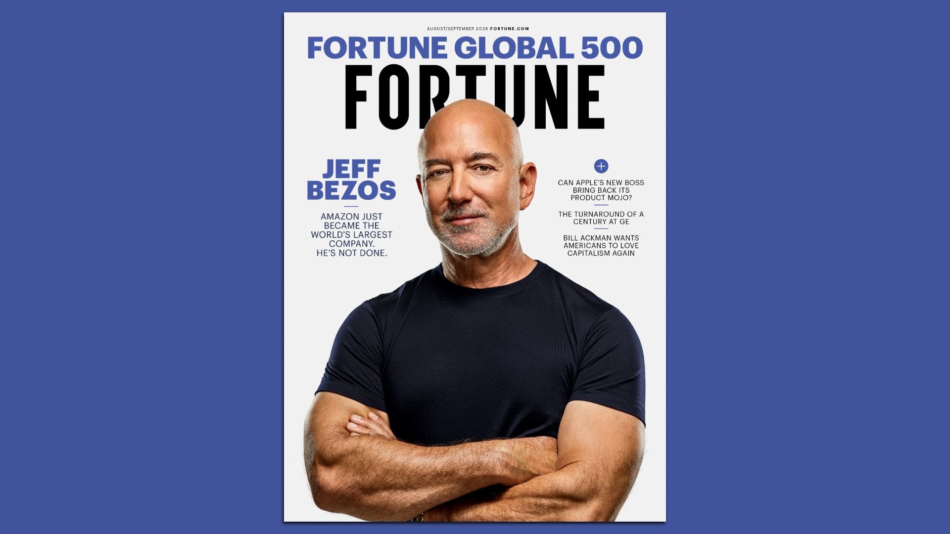 Fortune Global 500 cover featuring a portrait of Jeff Bezos in a dark shirt against a white background; blue text "JEFF BEZOS" on the left and a large "FORTUNE" headline across the top.