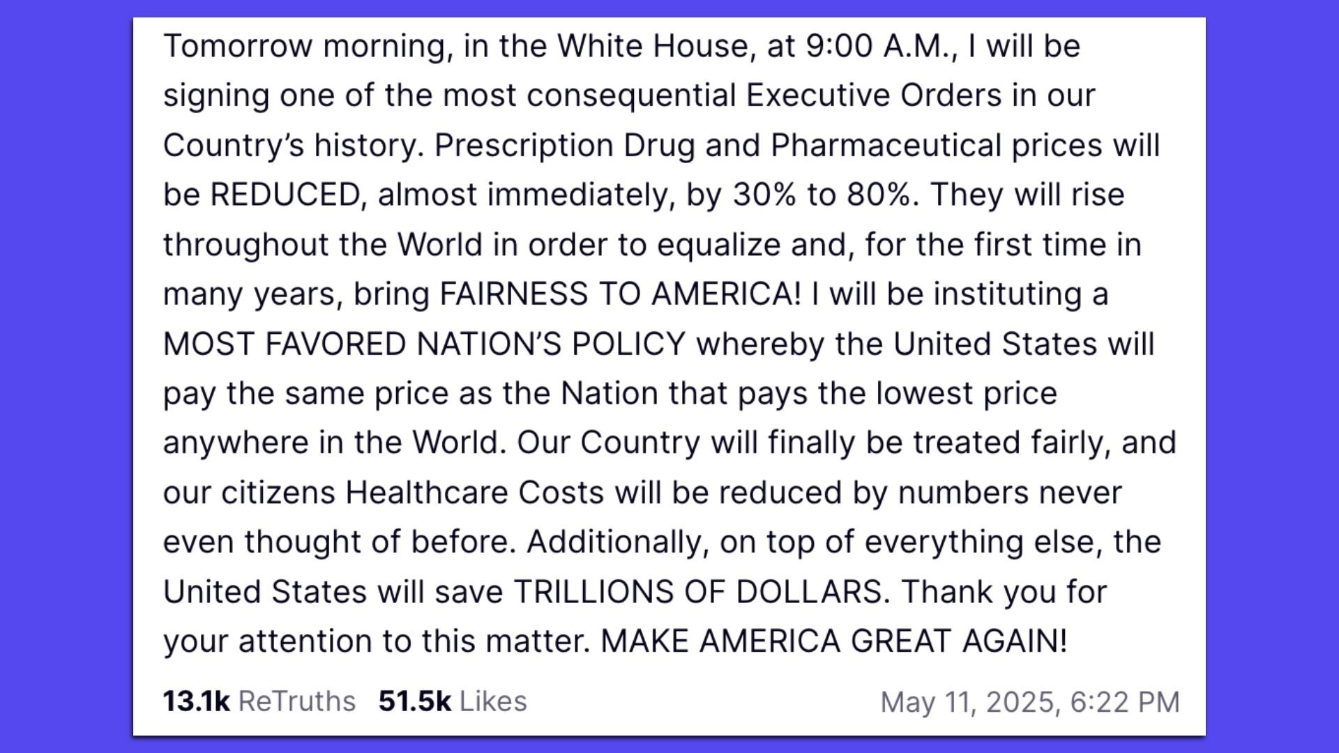 Part of President Trump's Truth Social post on drug-price limits.