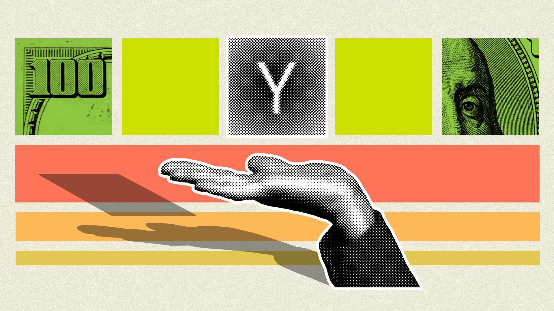 Illustration of a hand presenting the Y Combinator logo over green squares and orange rectangles.