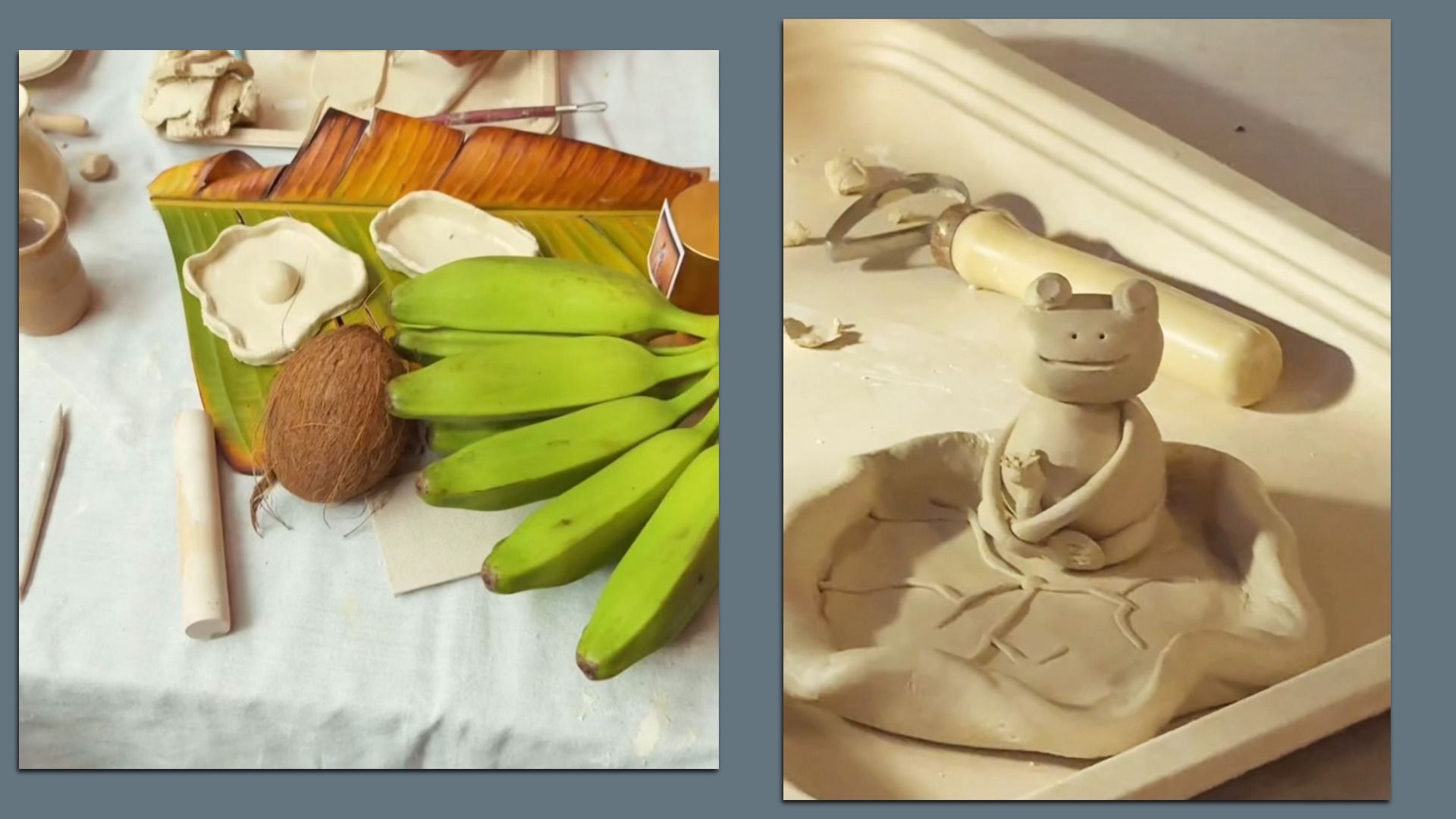 Two images side by side: left shows green bananas, a coconut, clay art supplies, and leaf-shaped dishes on a table; right shows a small clay frog figure sitting in a clay bowl on a work surface.