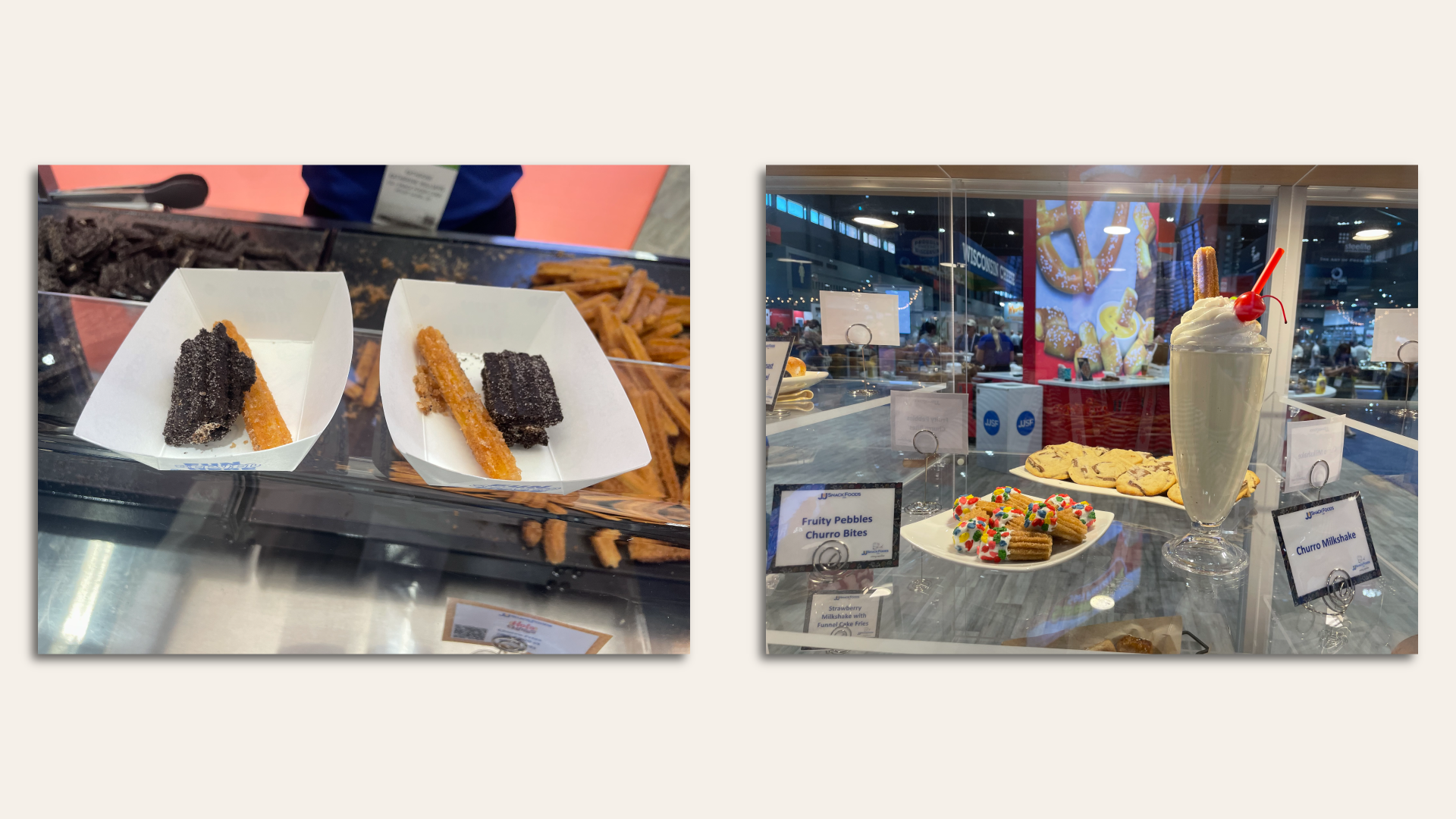 At left, trays of churros; at right, a display of desserts including a soda.