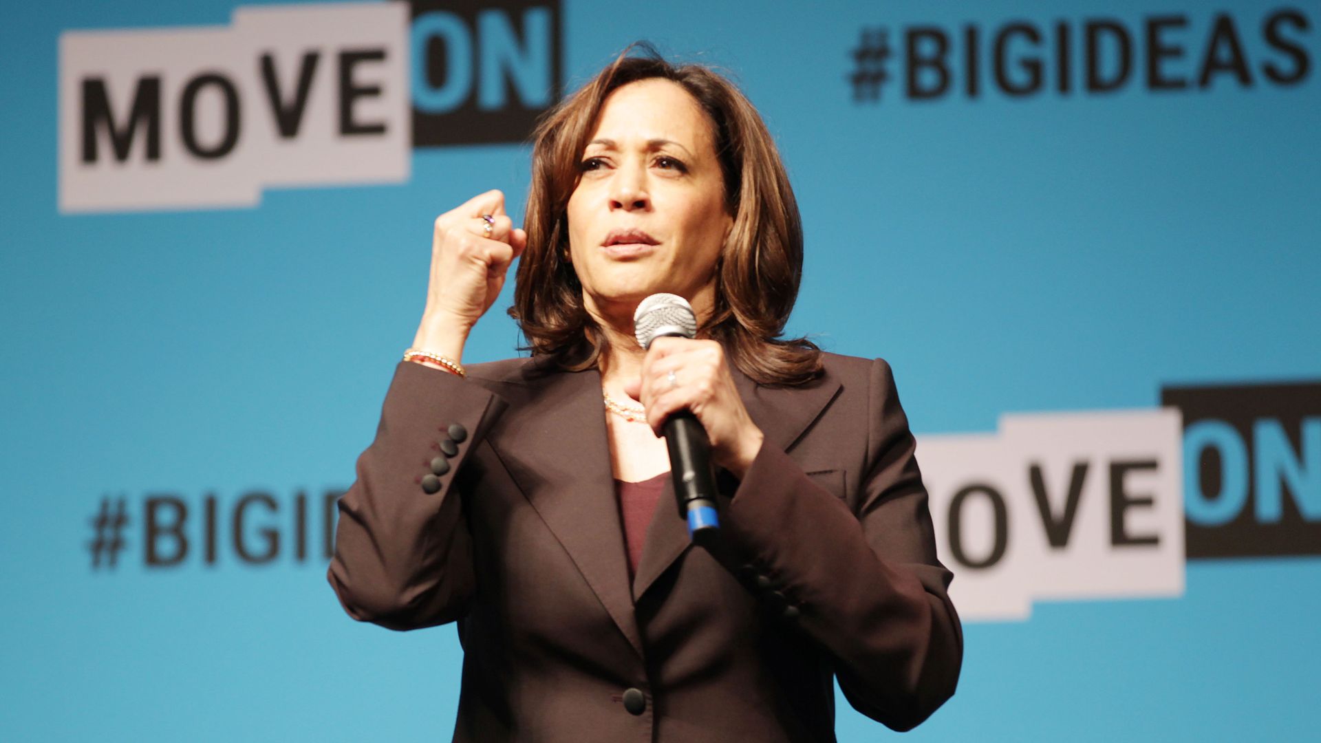 Kamala Harris speaks onstage at the MoveOn Big Ideas Forum at The Warfield Theatre on June 01, 2019 in San Francisco, California. 