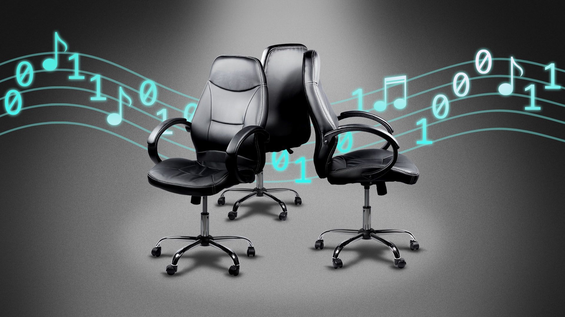 Illustration of three office chairs set up like musical chairs with music notes and binary code