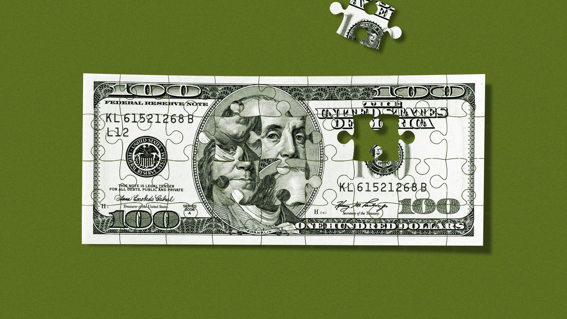 Illustration of $100 bill as a jumbled up puzzle.