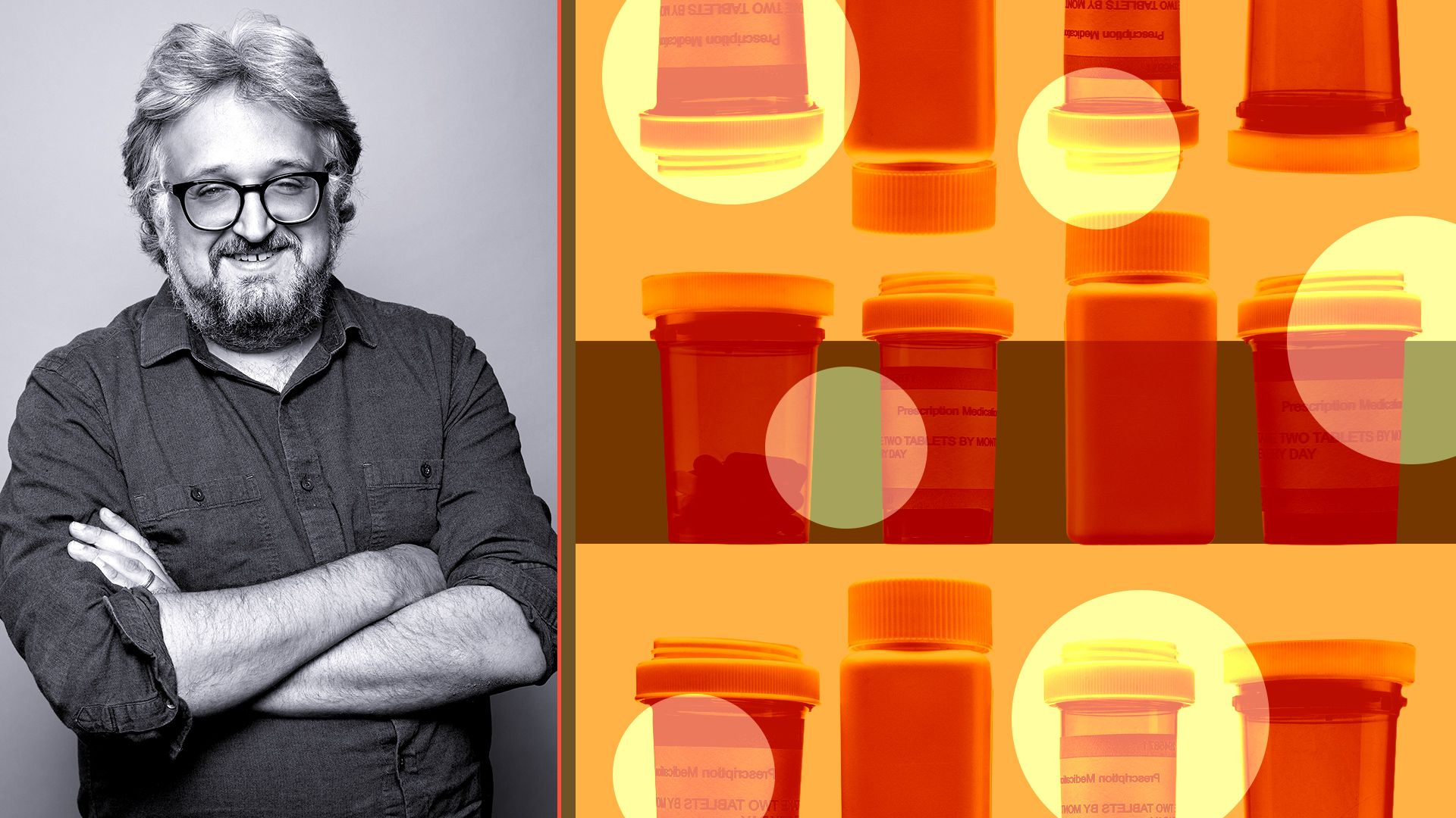 Photo illustration of Matt Gline, CEO of Roivant, surrounded by different medicine and vitamin bottles arranged in an abstract pattern. 
