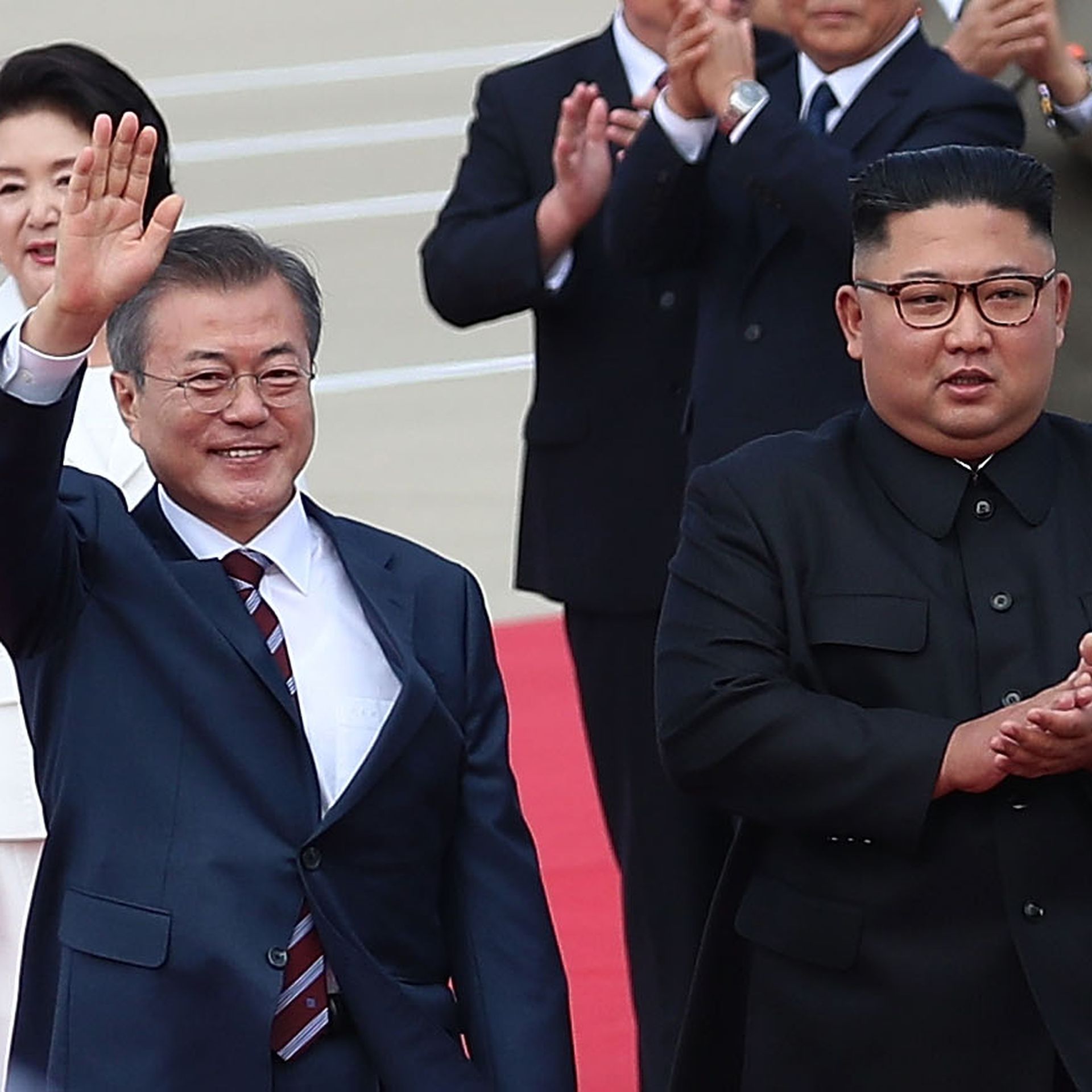 North Korean Leader Kim Jong Un meets with South Korean President Moon Jae-in for the Inter-Korean Summit at Pyongyang Sunan International Airport on September 18, 2018.