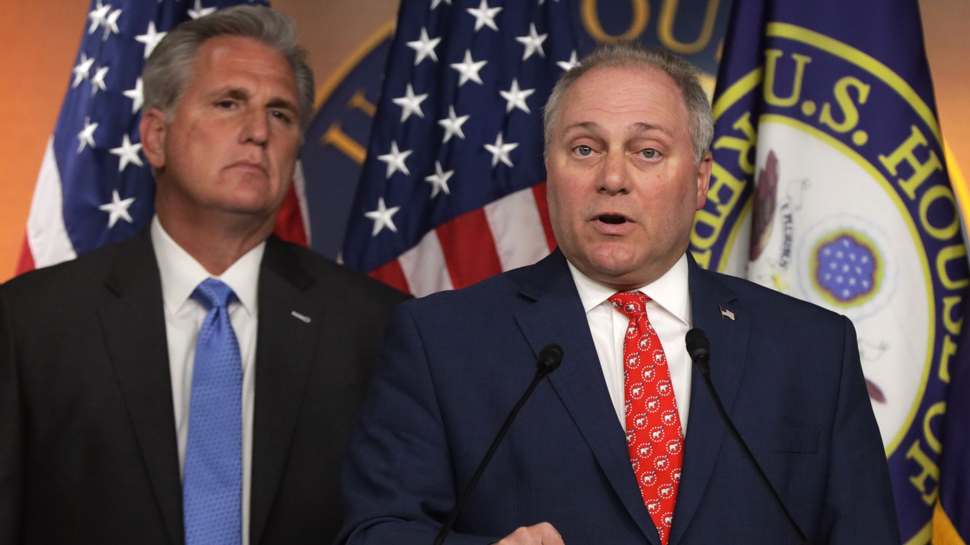 House Minority Leader Kevin McCarthy and House Minority Whip Steve Scalise are seen speaking at the Capitol.