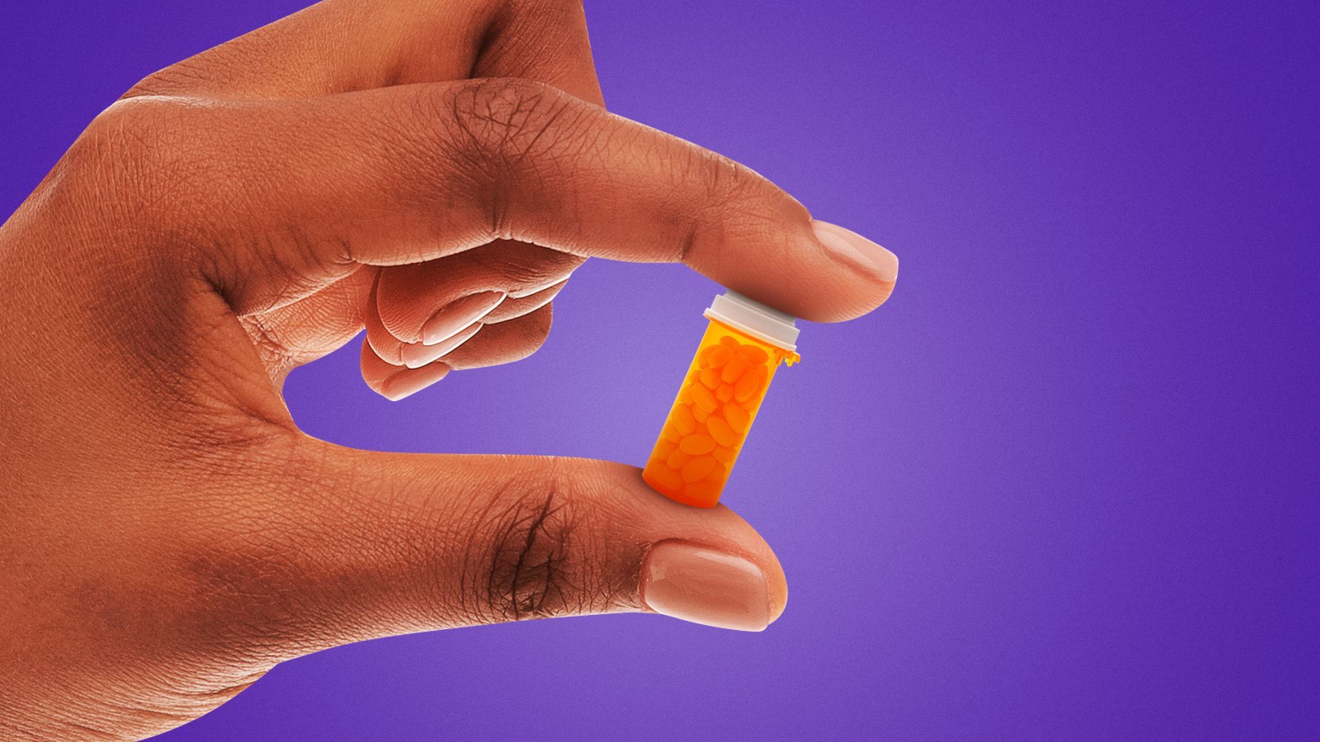 Illustration of an extreme close up of a hand holding a prescription bottle between the thumb and index fingers. 