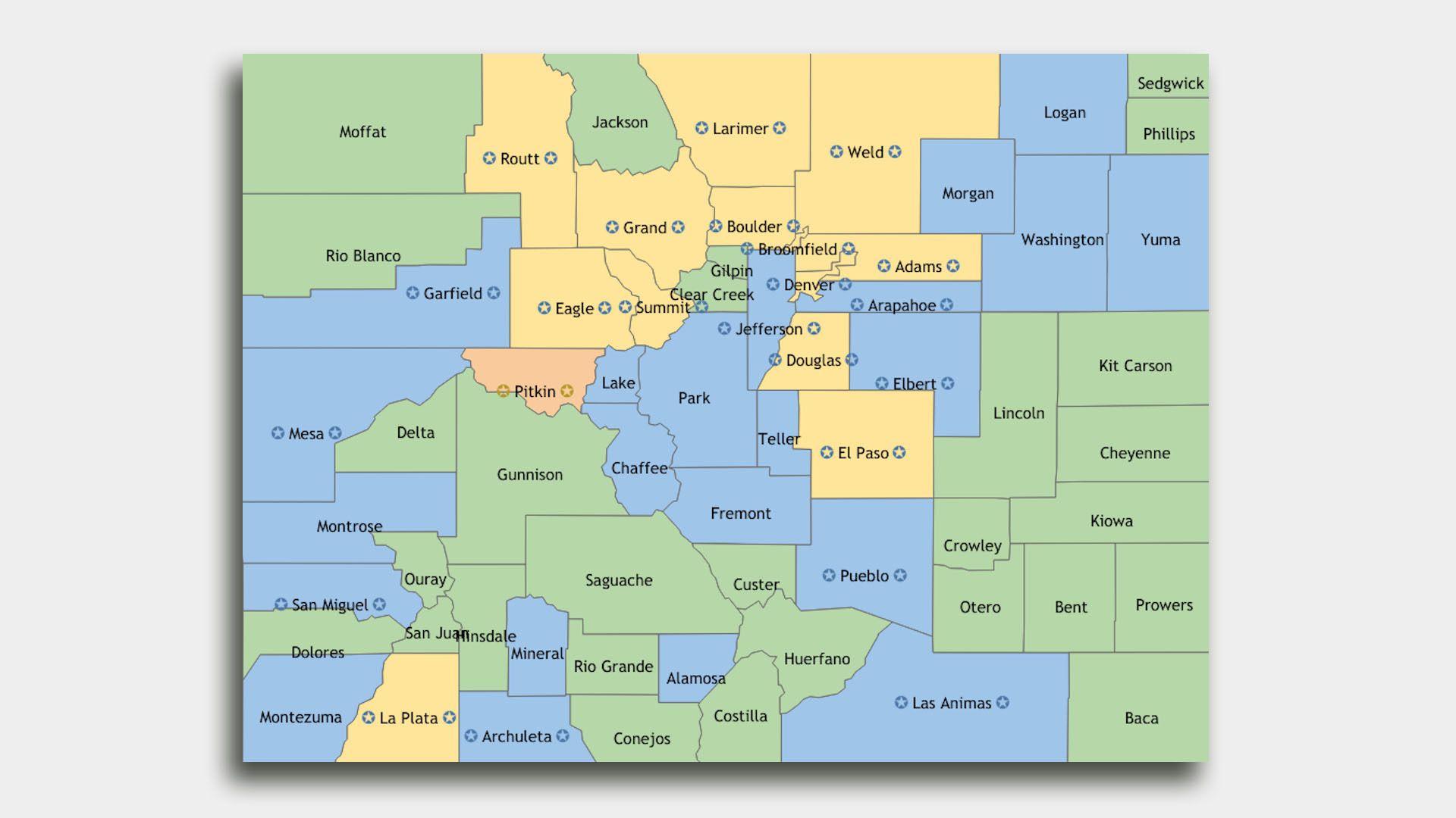 A map of Colorado counties showing COVID-19 restriction levels.