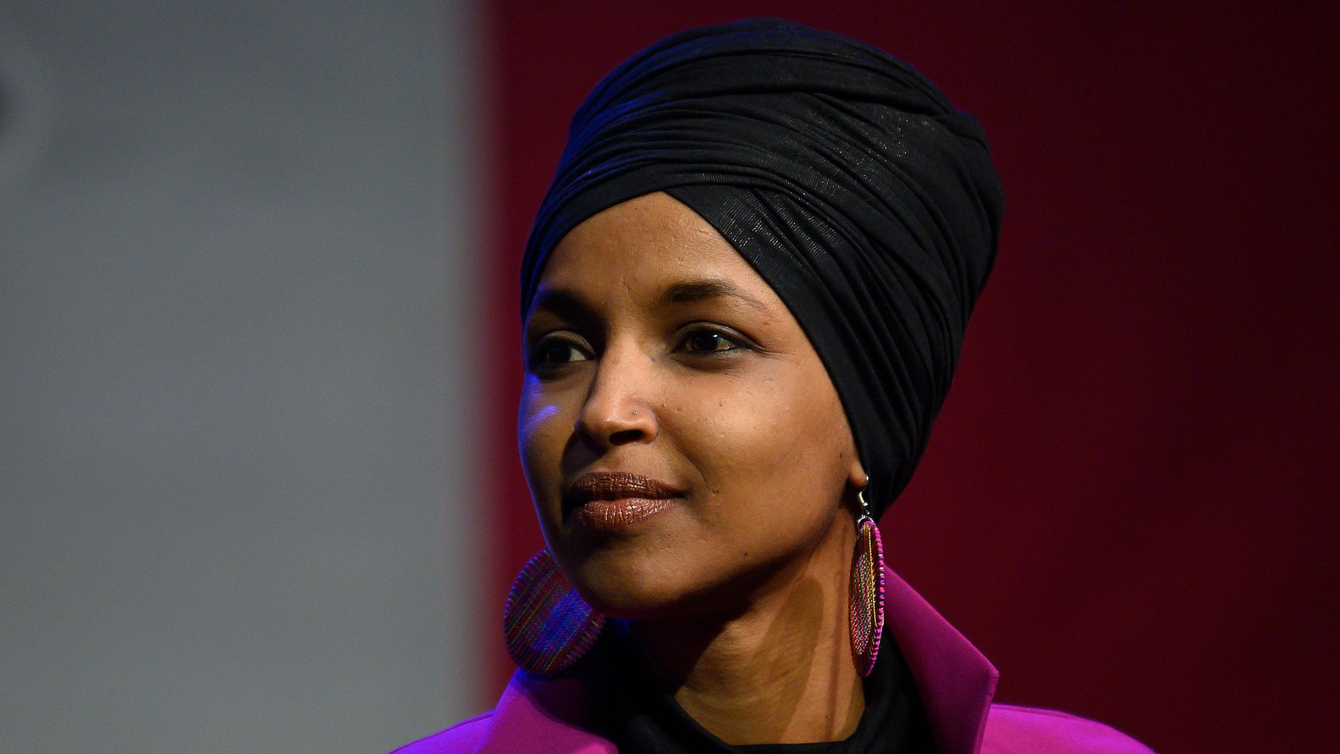 Congresswoman Ilhan Omar speaks to supporters of Democratic presidential candidate Senator Bernie Sanders at a campaign event in Clive, Iowa, on January 31