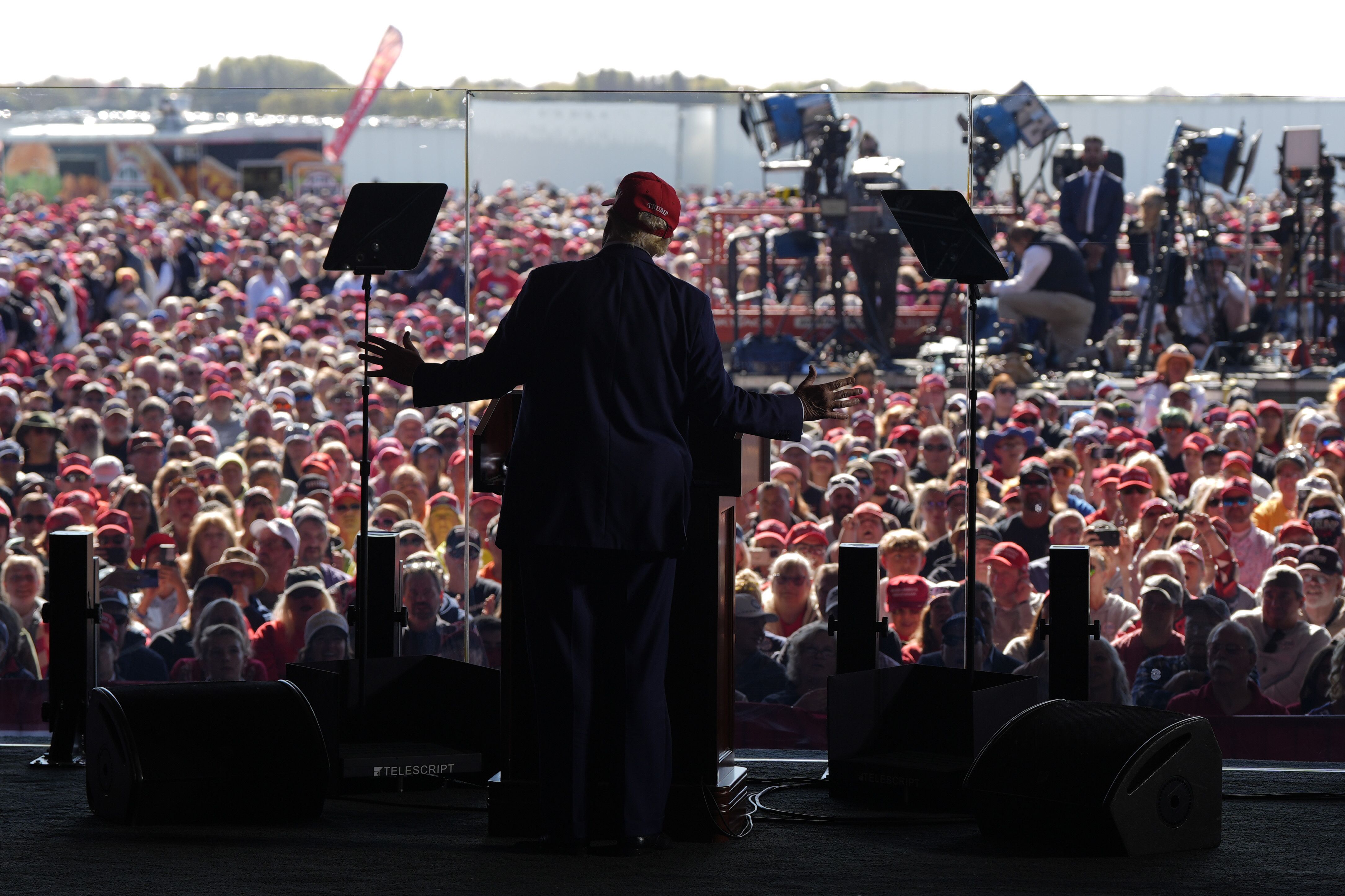 Former President Trump speaks to a rally yesterday in Juneau, Wis.