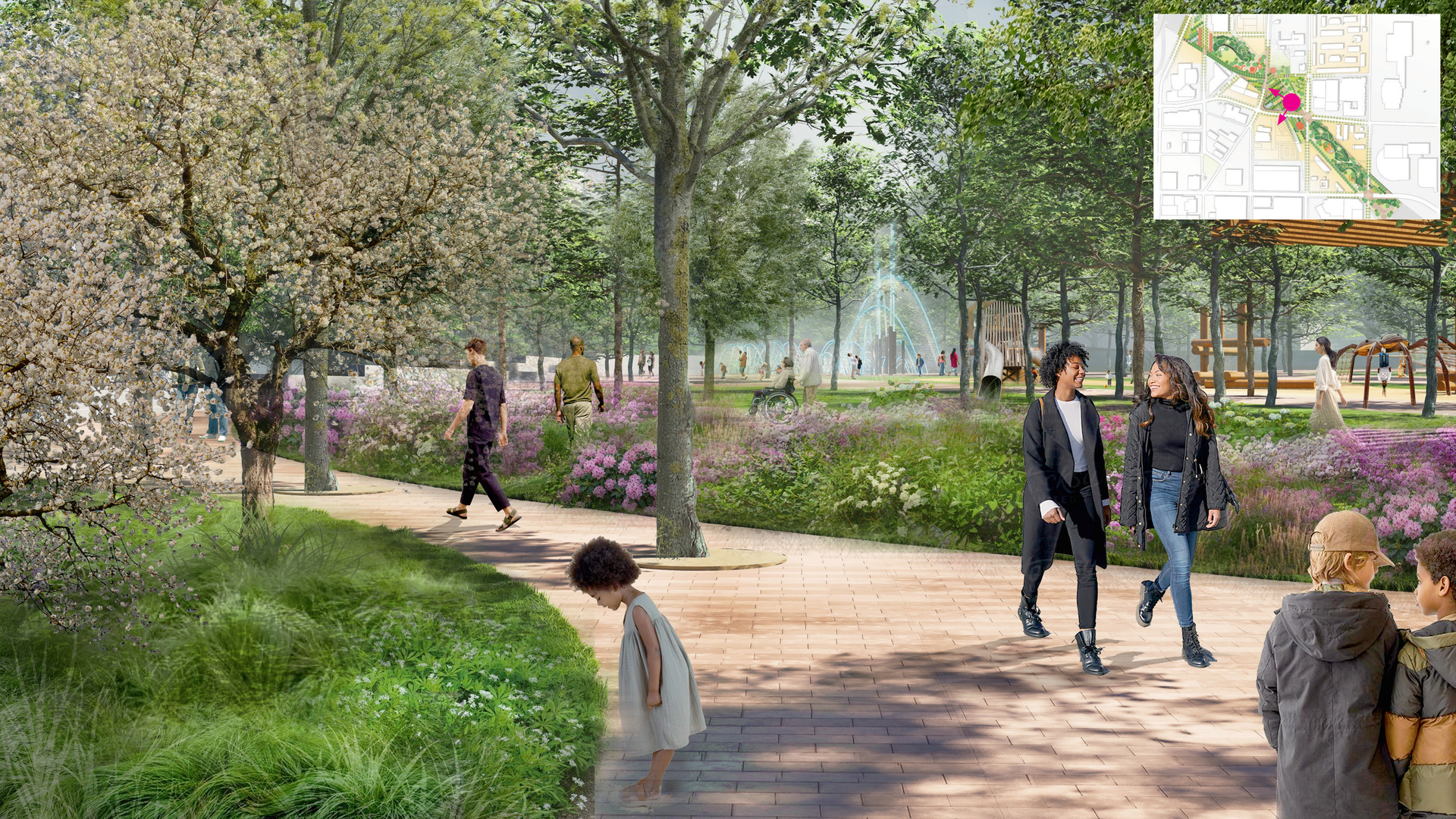 A rendering of people walking along a wide path in a park with ample trees and native grasses
