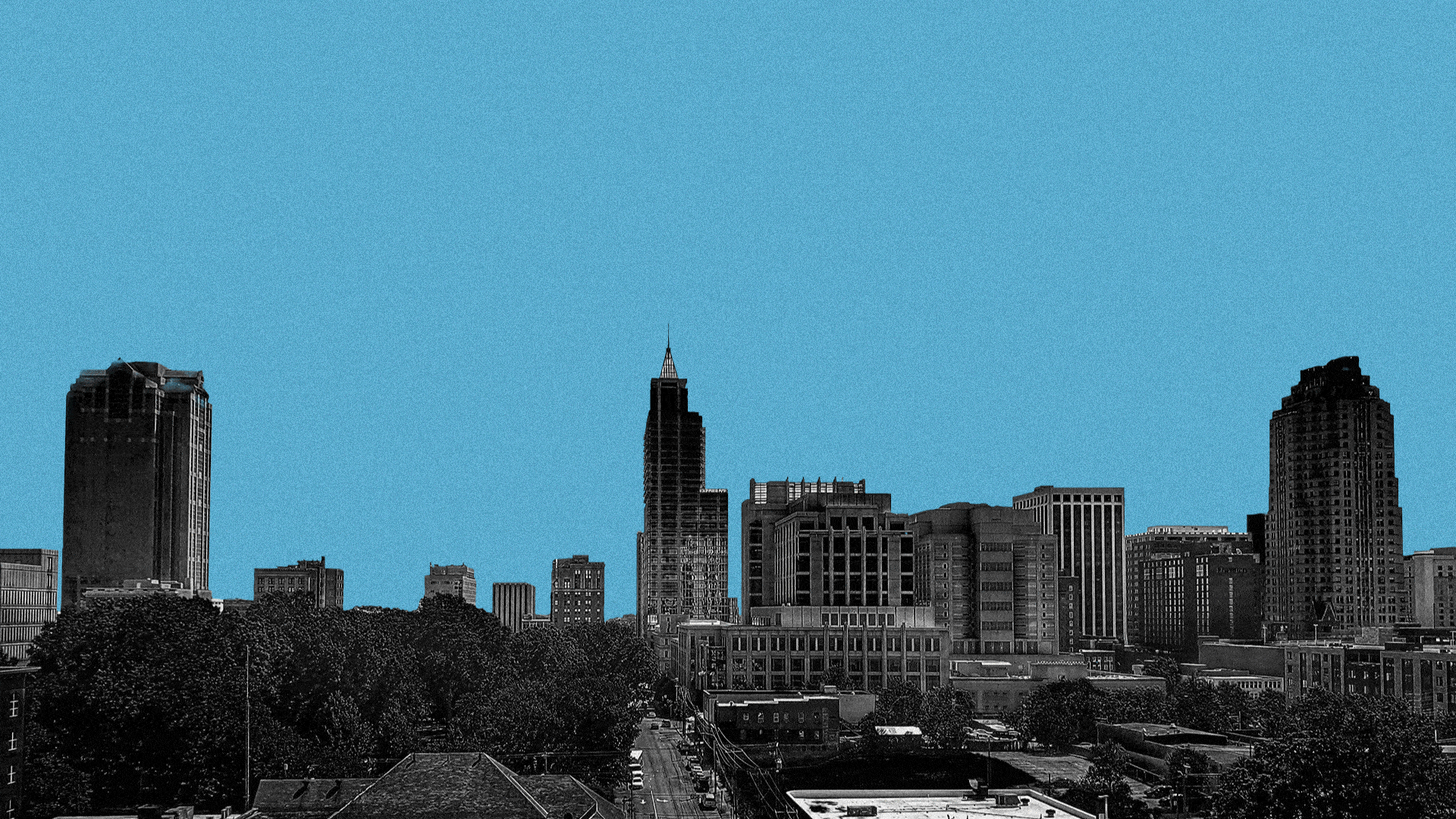 Illustration of the sun and moon transitioning over the Raleigh skyline.