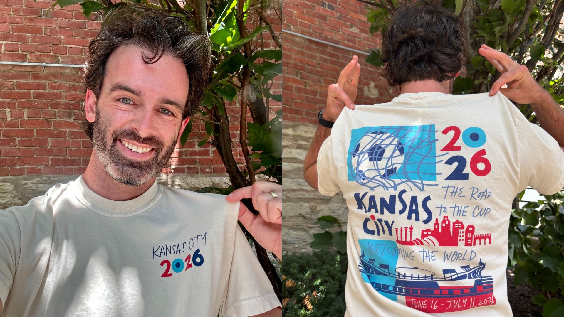 Two-panel photo of a smiling man in a light T-shirt that reads "Kansas City 2026". Left shows his face; right shows the back of the shirt with a blue world graphic, red 2026, and city skyline.