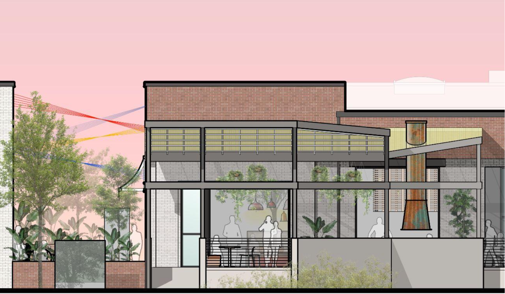 rendering of a brick building with patio