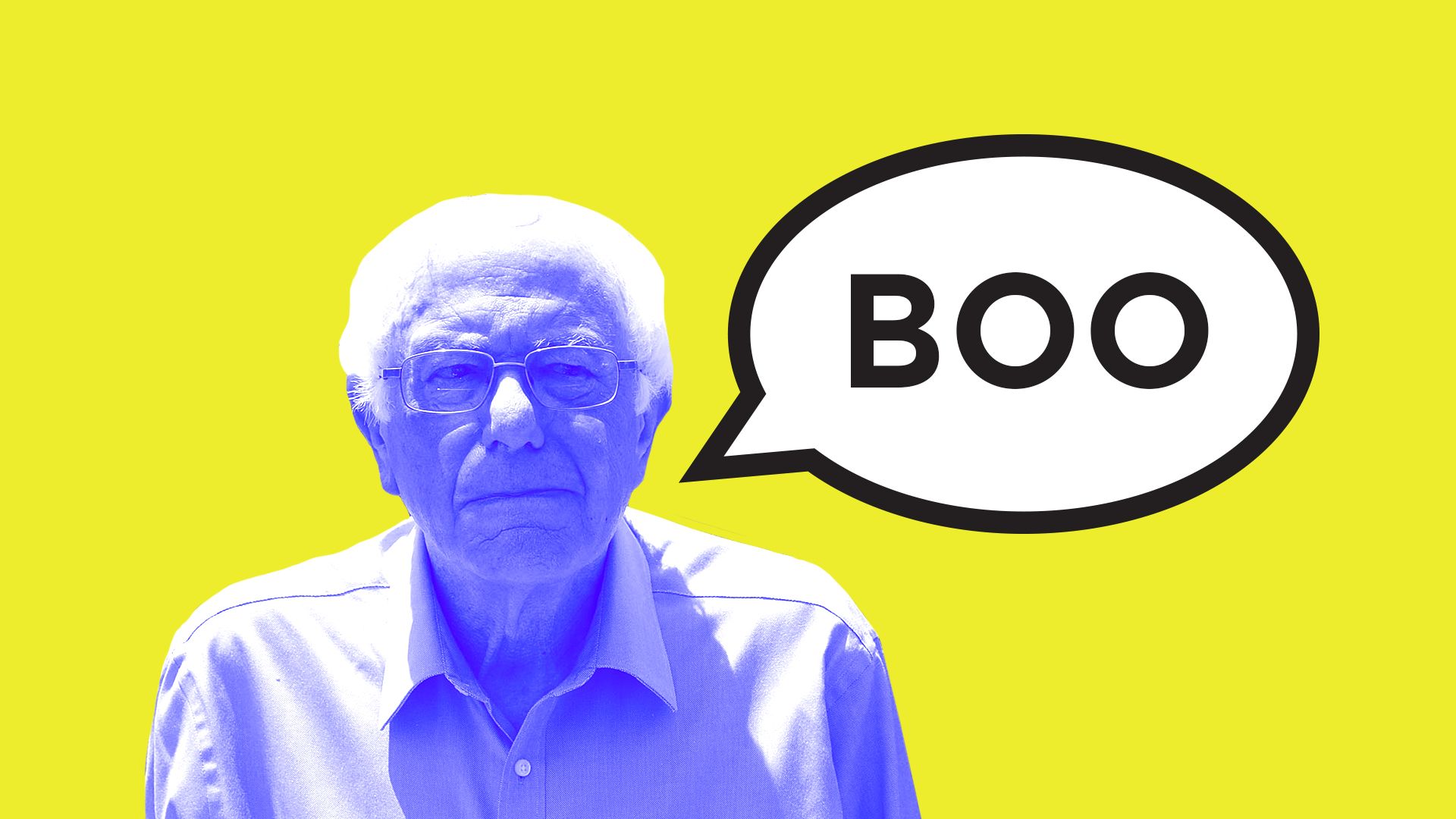 Illustration of Bernie Sanders saying “Boo” 