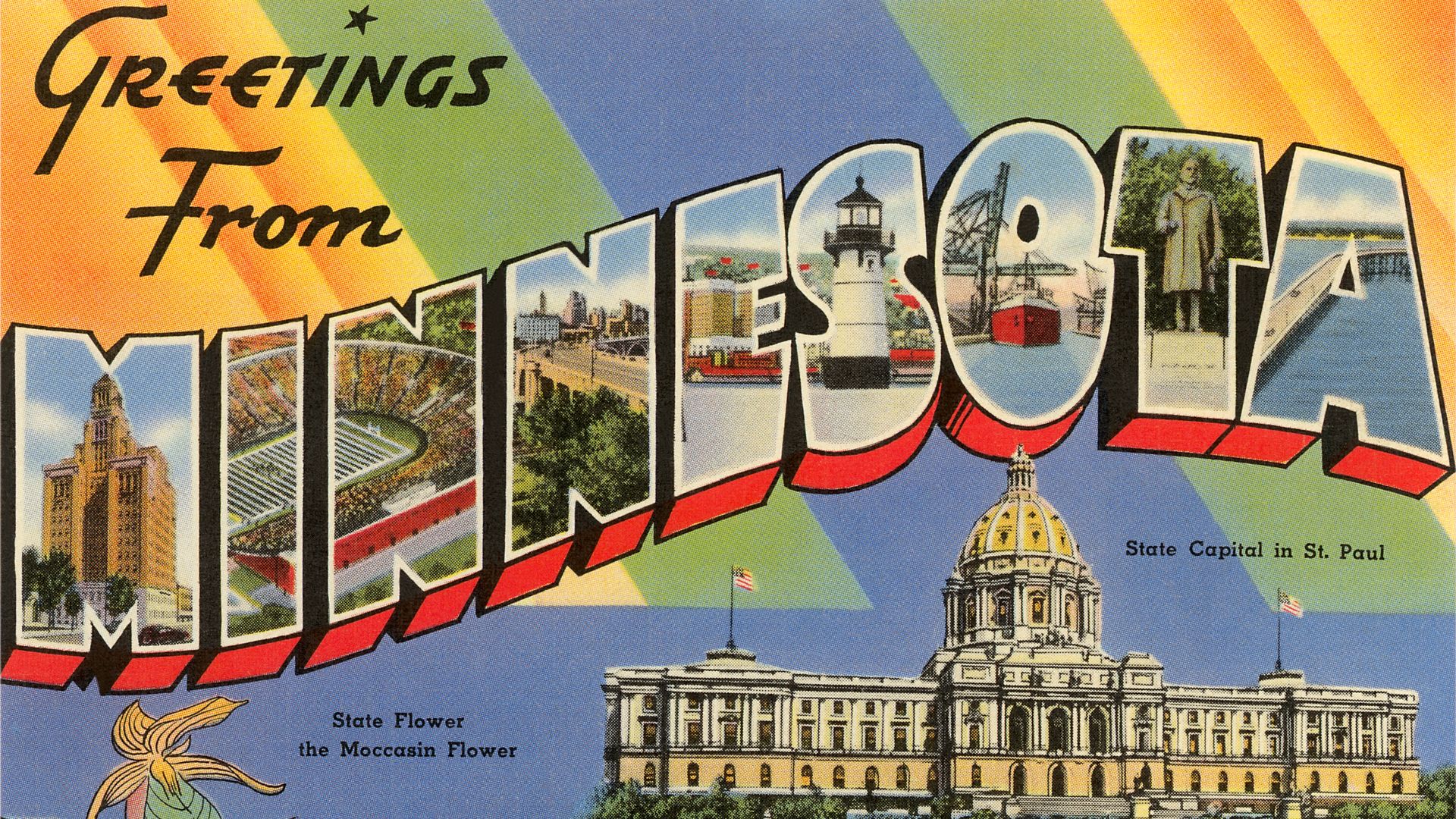 A 1940s postcard for the state of Minnesota. 