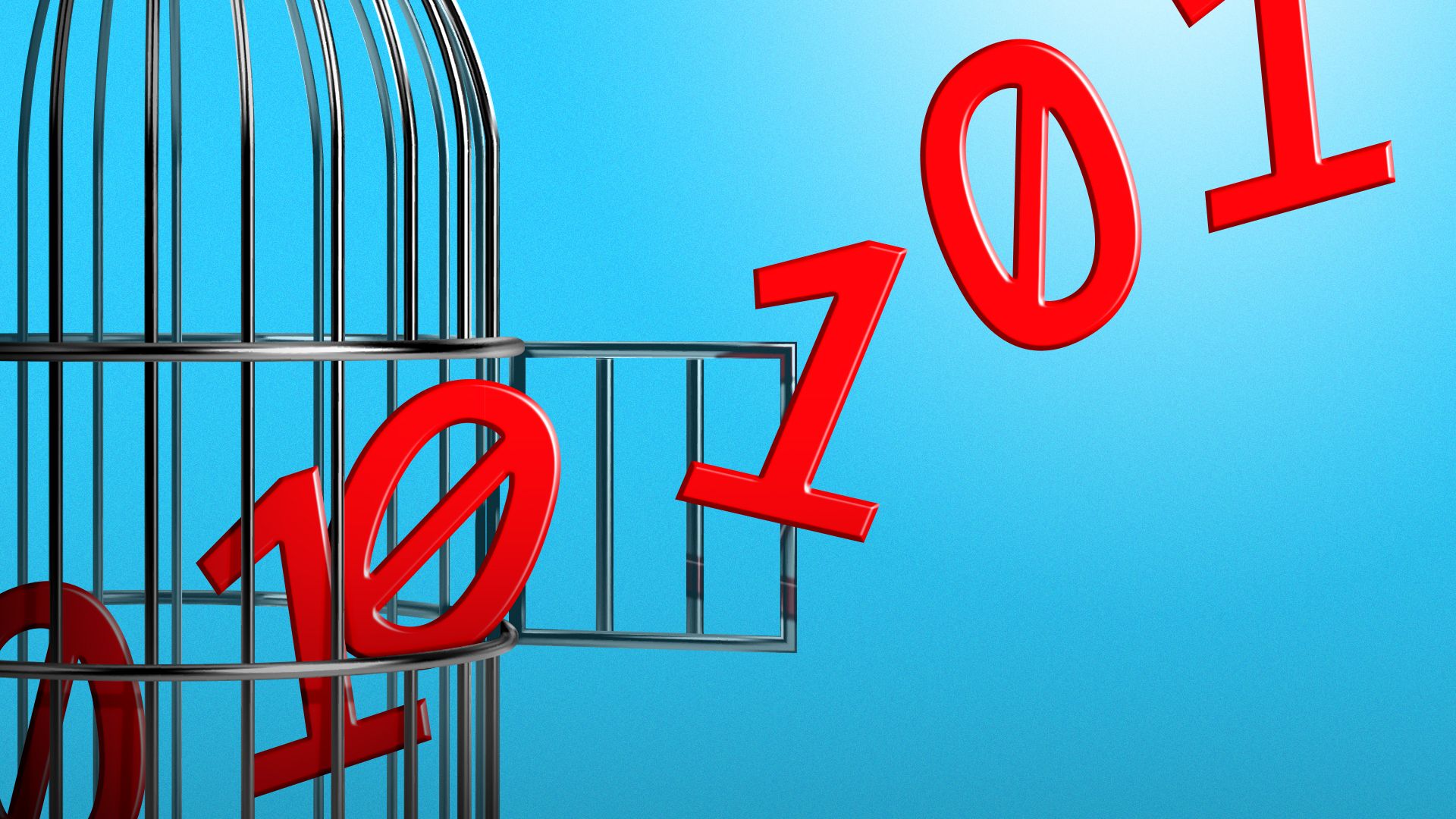 Illustration of an opened bird cage with zeroes and ones floating out and upward 