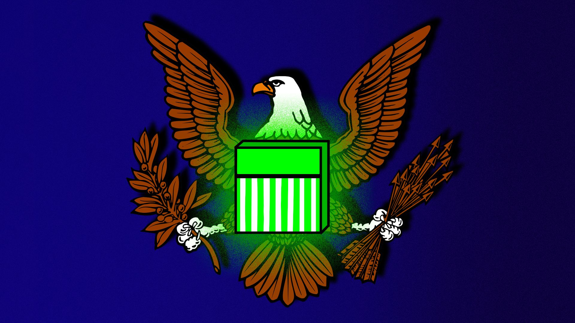 Illustration of the SEC logo's eagle with the central banner replaced by a glowing green cube
