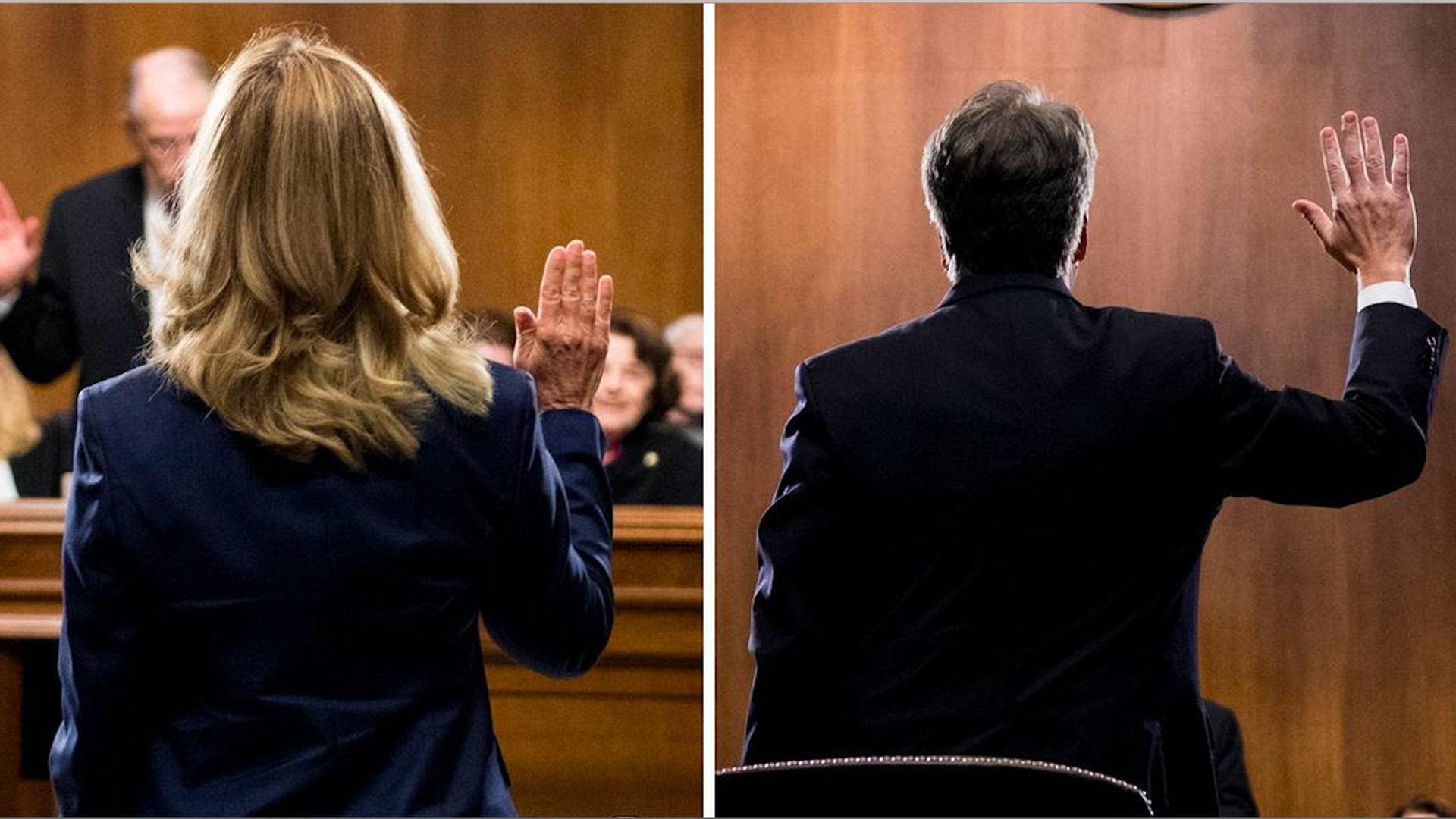 Christine Blasey Ford and Brett Kavanaugh hold their right hand up while agreeing to abide to testimony under oath