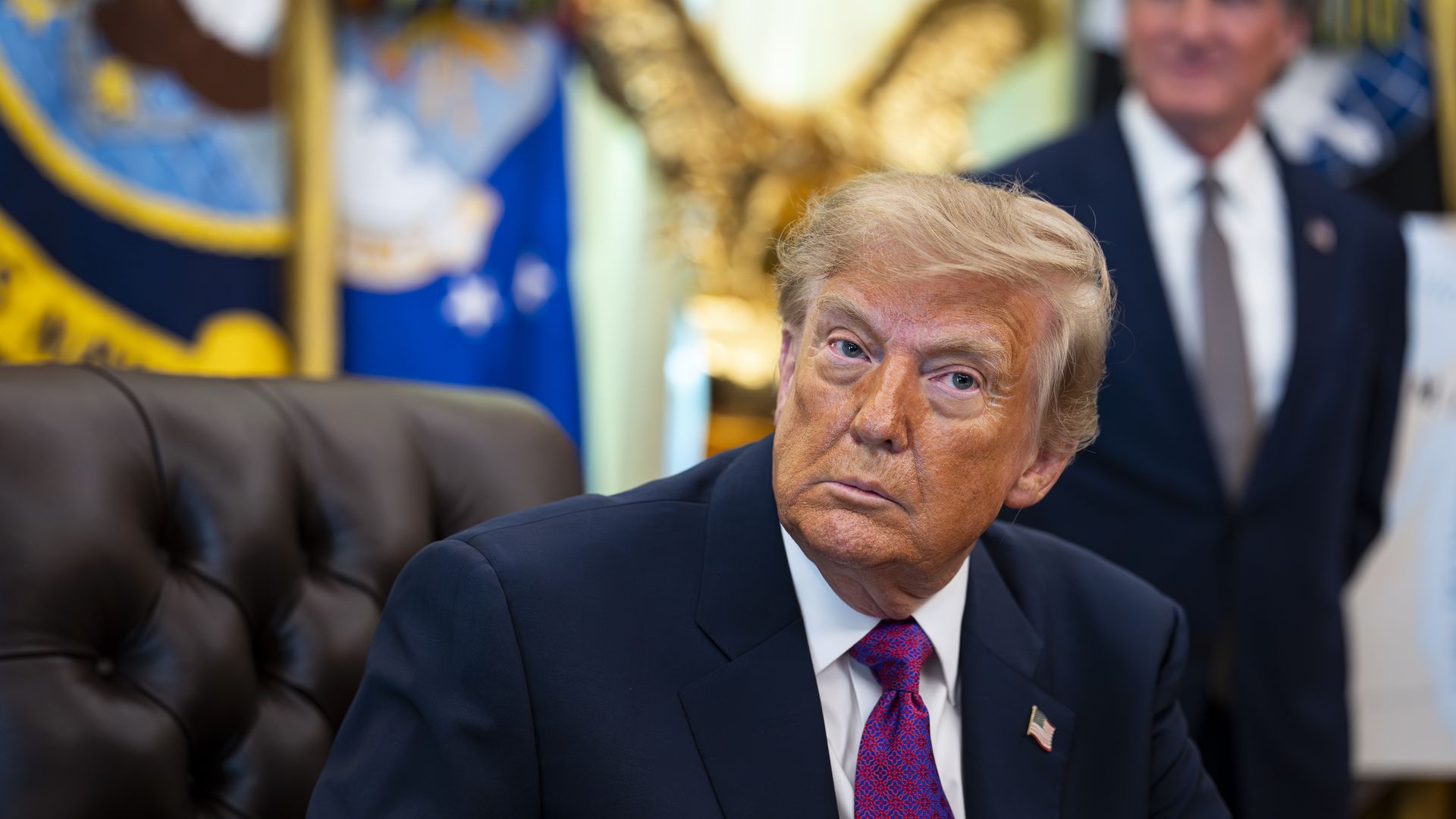 President Trump sits beside Interior Secretary Doug Burgum in the Oval Office during an event to rename Lake Ontario "Lake America." Photo: Al Drago/Getty Images