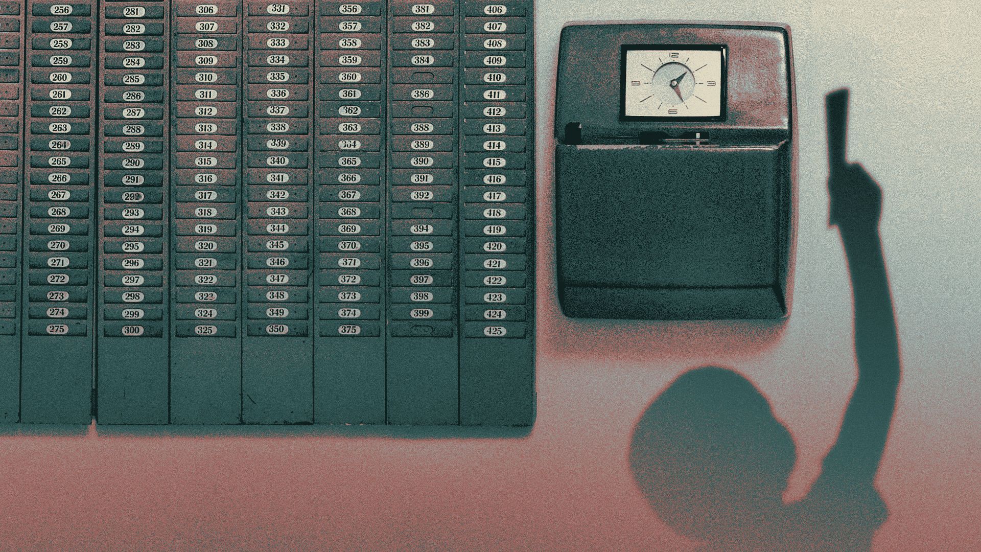 Illustration of a timeclock and timecard holders, with the shadow of a child reaching up with a timecard cast against the wall.