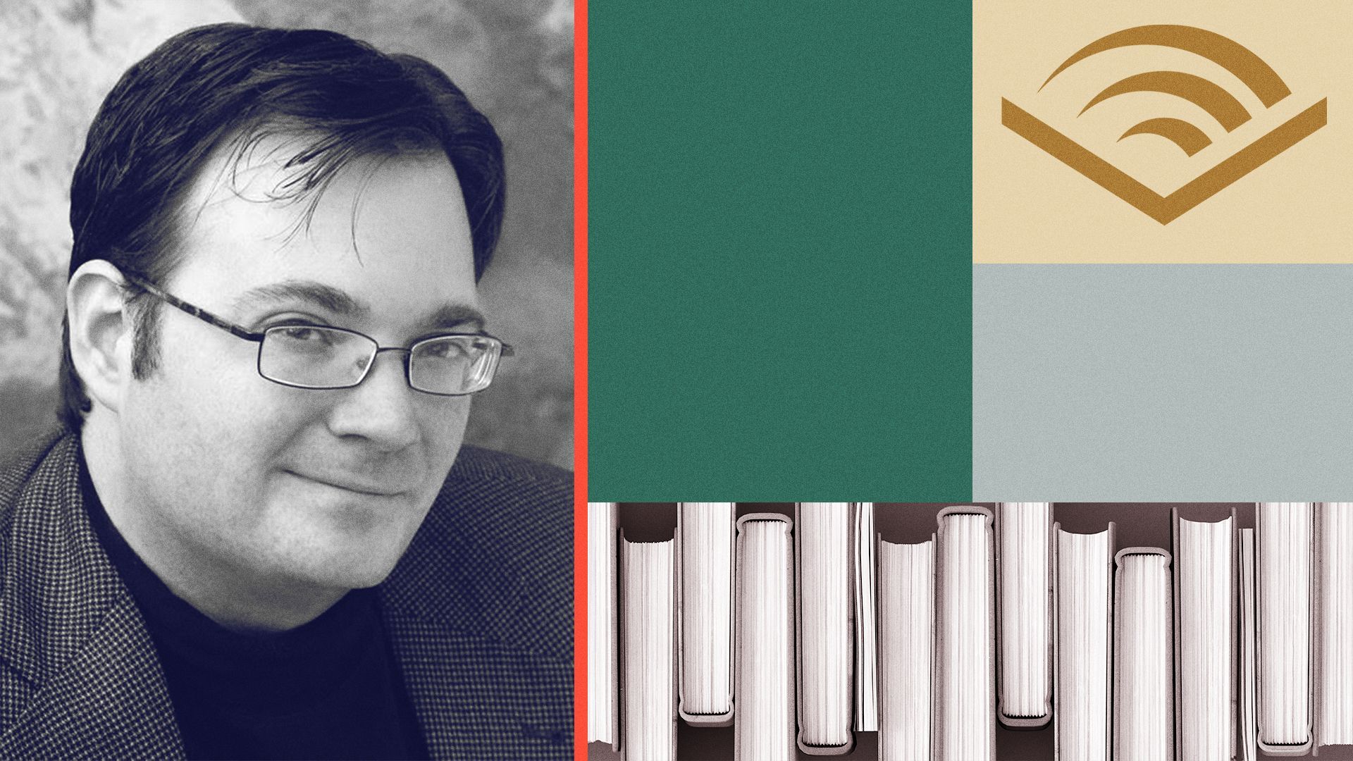Photo illustration of Brandon Sanderson with Audible's logo and a stack of books.