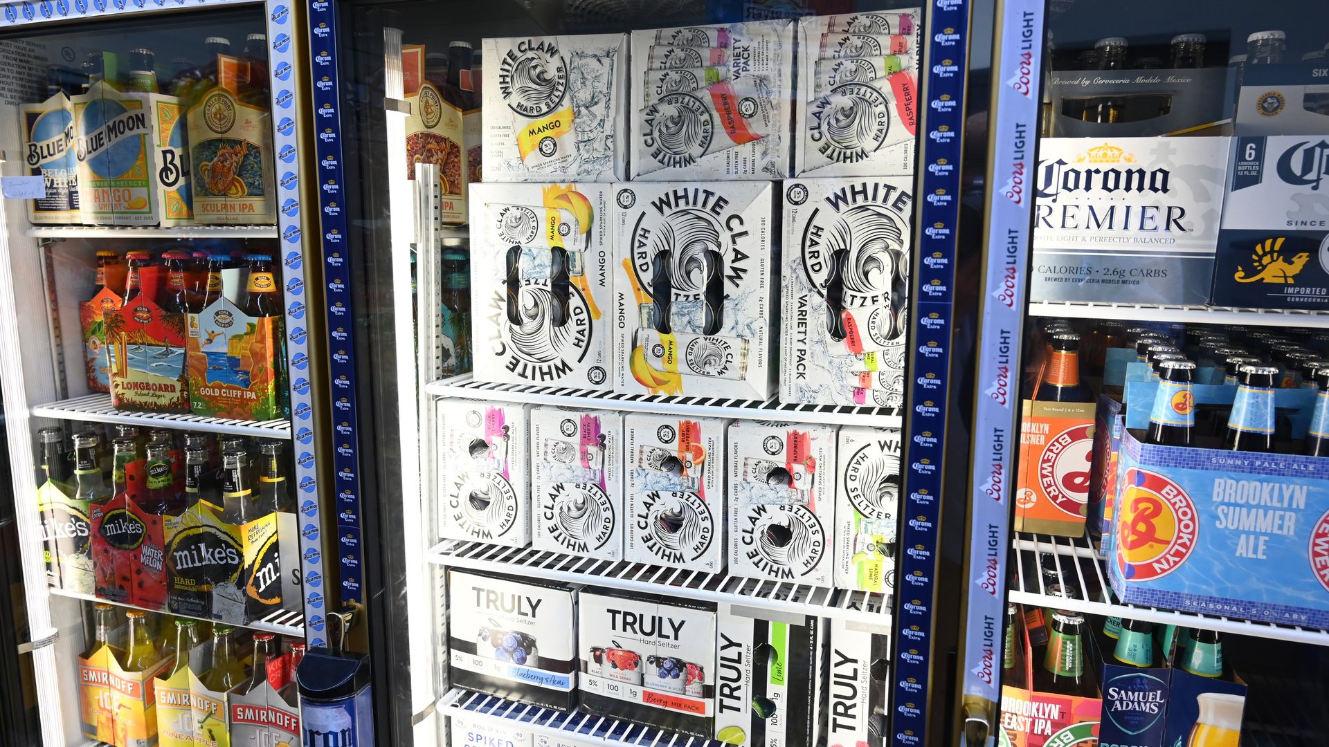 A fridge stocked with White Claw seltzers at a deli in New York City