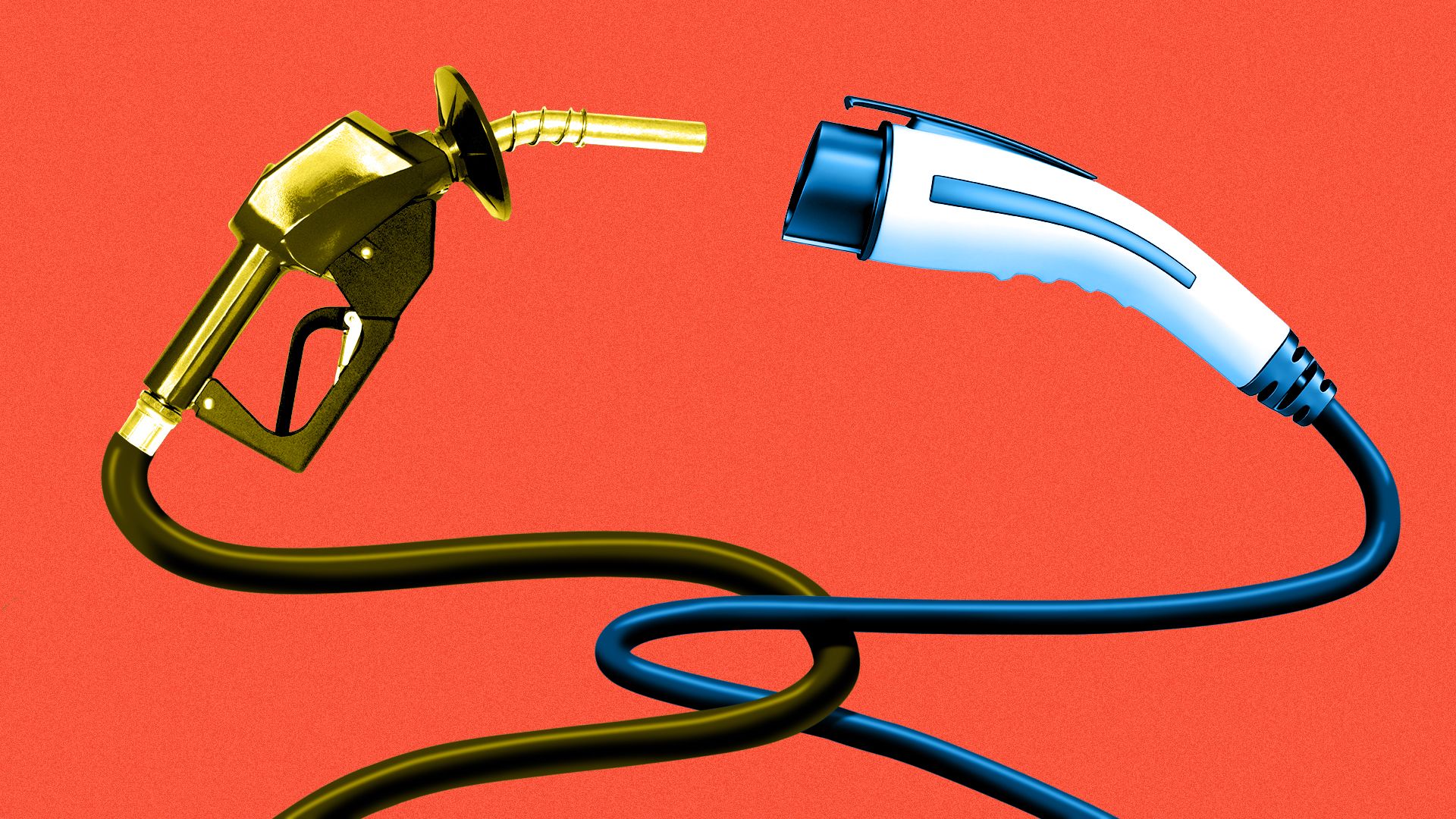 llustration of a gas pump facing off against an electric vehicle plug.