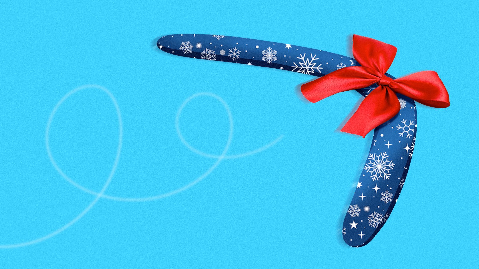 Illustration of a gift-wrapped boomerang flying through the air.