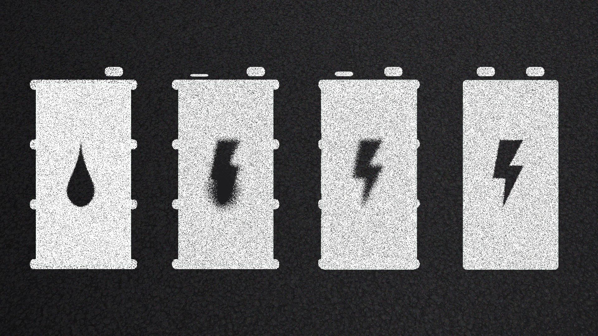 Illustration of a crosswalk with lines resembling oil barrels and batteries