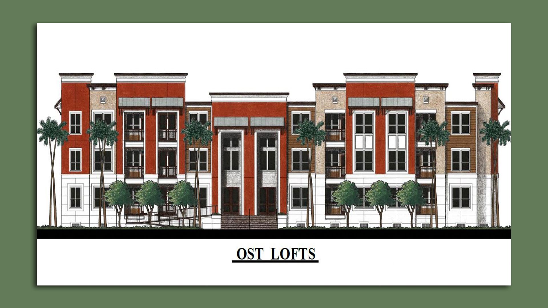 Rendering of the side of a three-story apartment building, called the OST Lofts