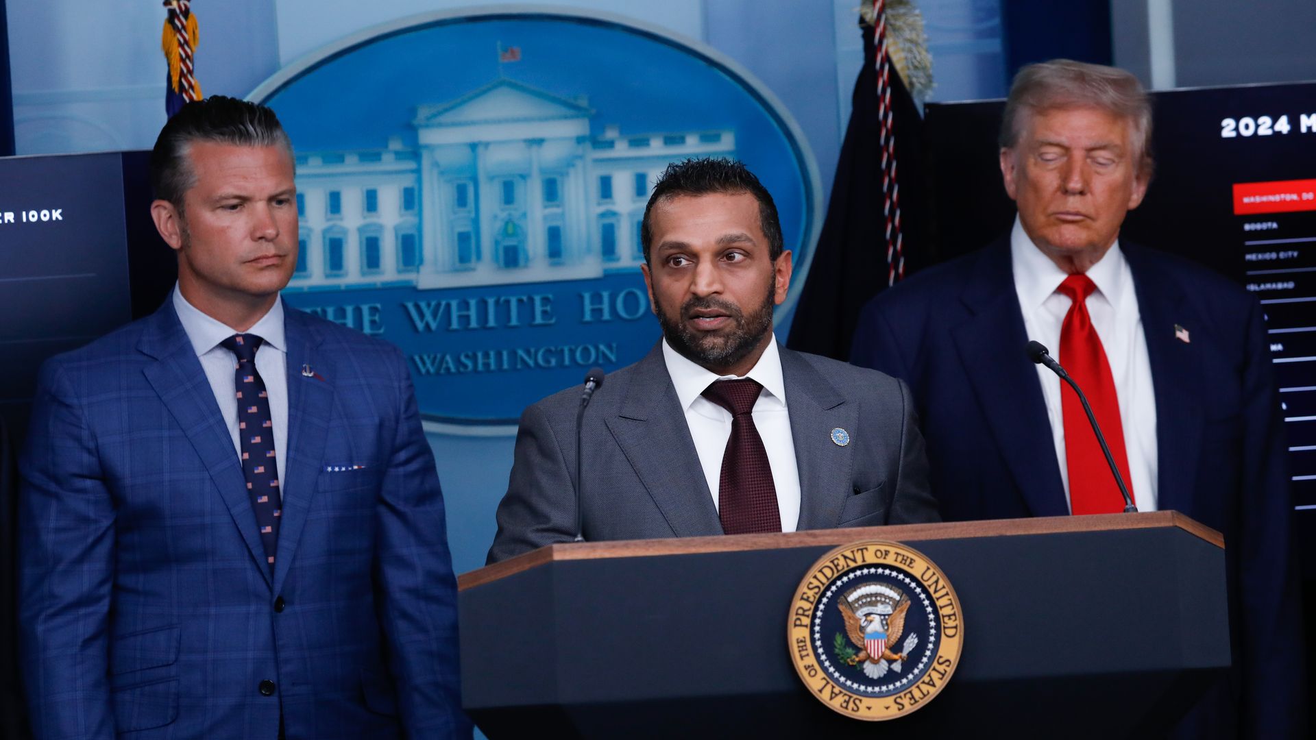 Director of the Federal Bureau of Investigation (FBI) Kash Patel (C) Director of the Federal Bureau of Investigation (FBI), speaks during a news conference in the James S. Brady Press Briefing Room of the White House in Washington, DC, US, on Monday, Aug. 11, 2025. Photo: Yasin Ozturk/Anadolu