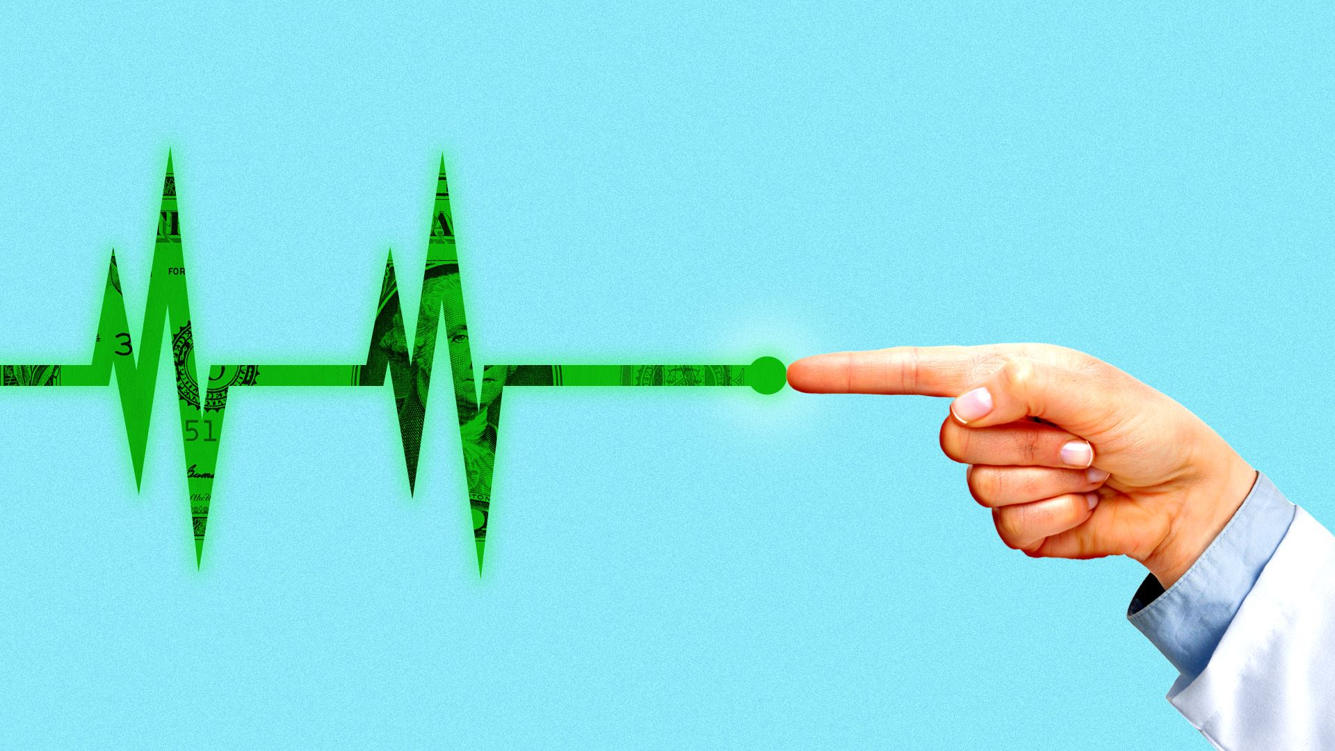Illustration of a hand in a doctor's coat stopping a dollar EKG line