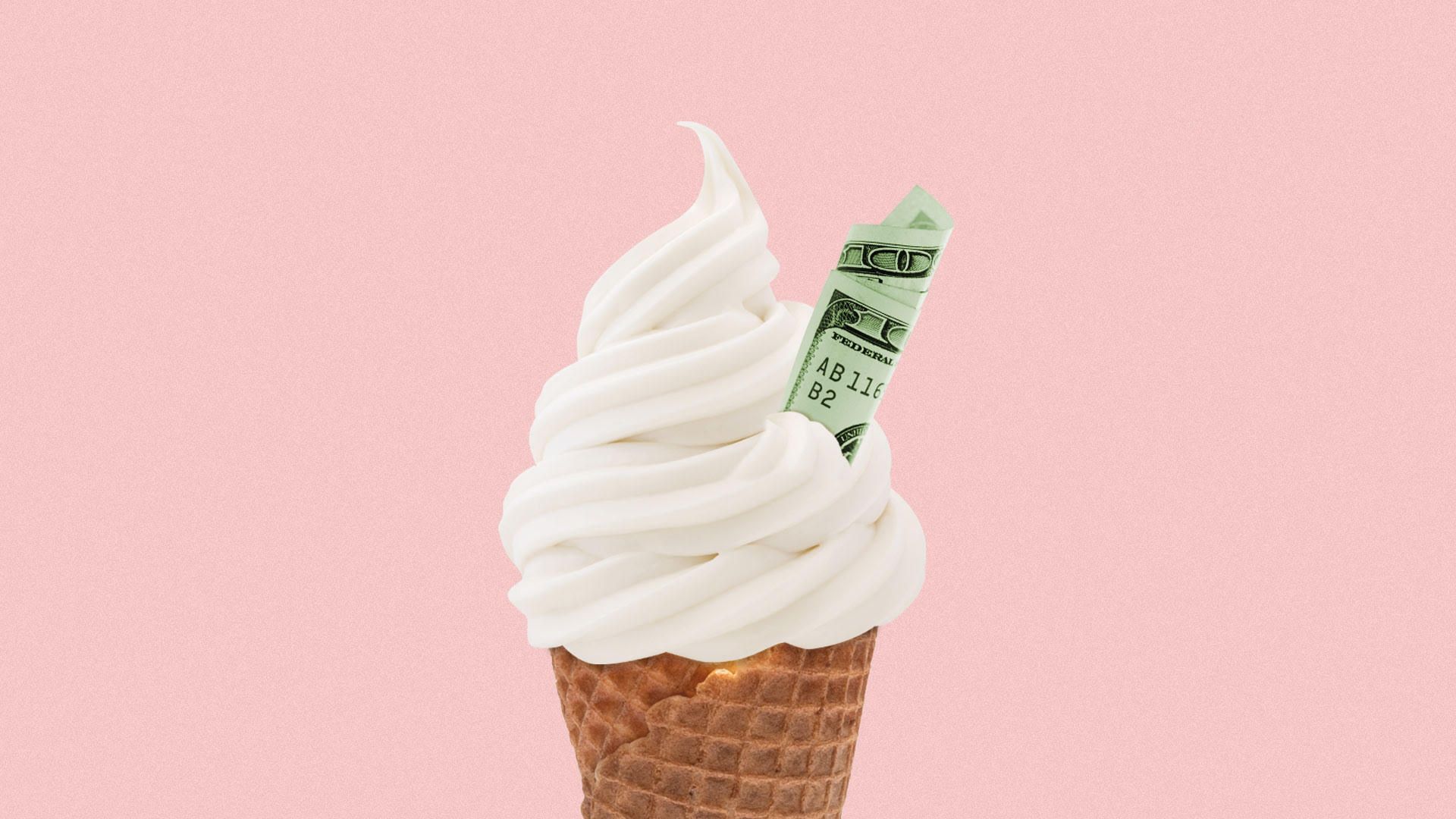 Illustration of ice cream cone with a $100 bill sticking out of the side.