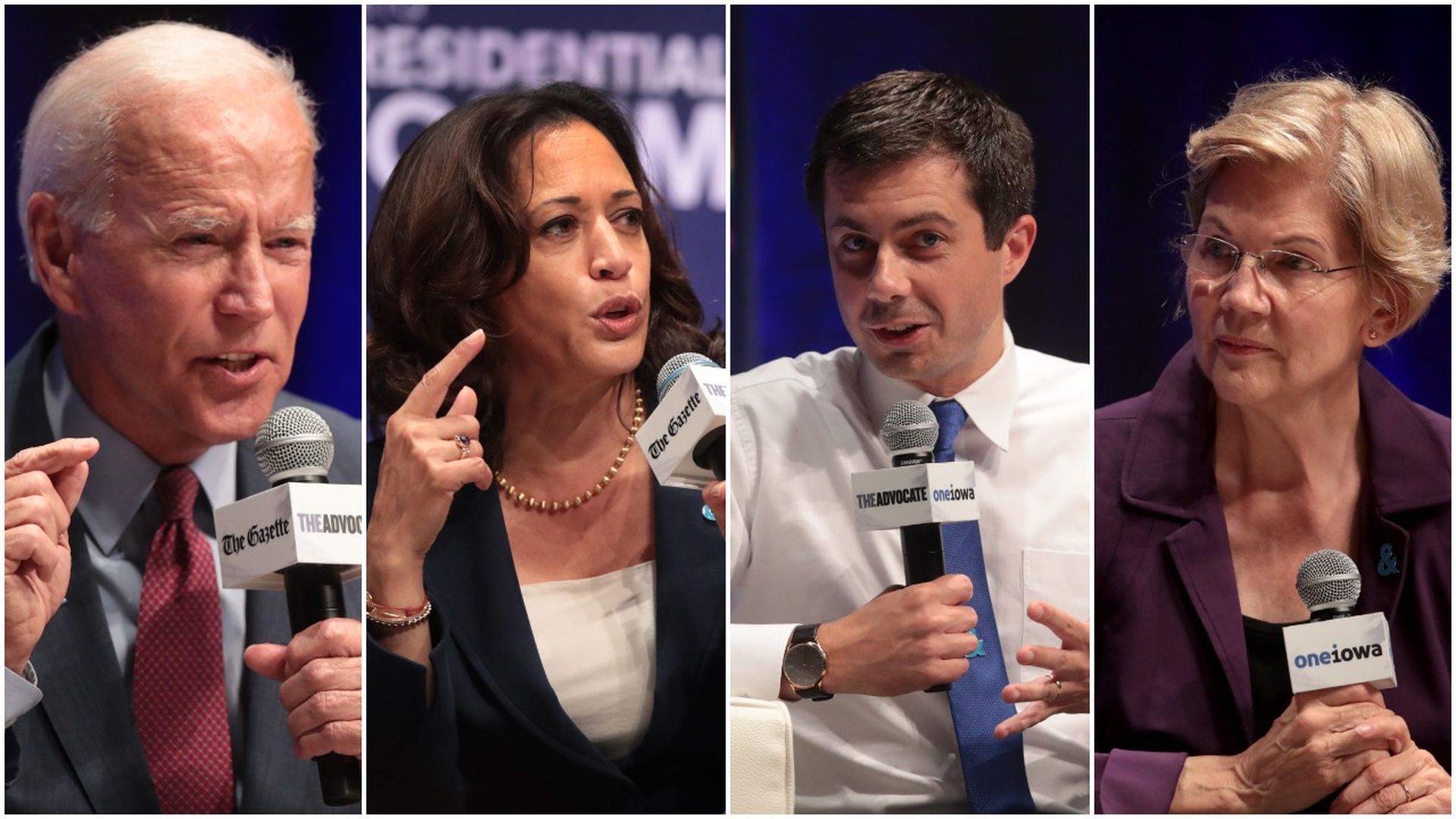 This image is a four-way split screen between Biden, Kamala, Pete, and Warren. They are all speaking into microphones.