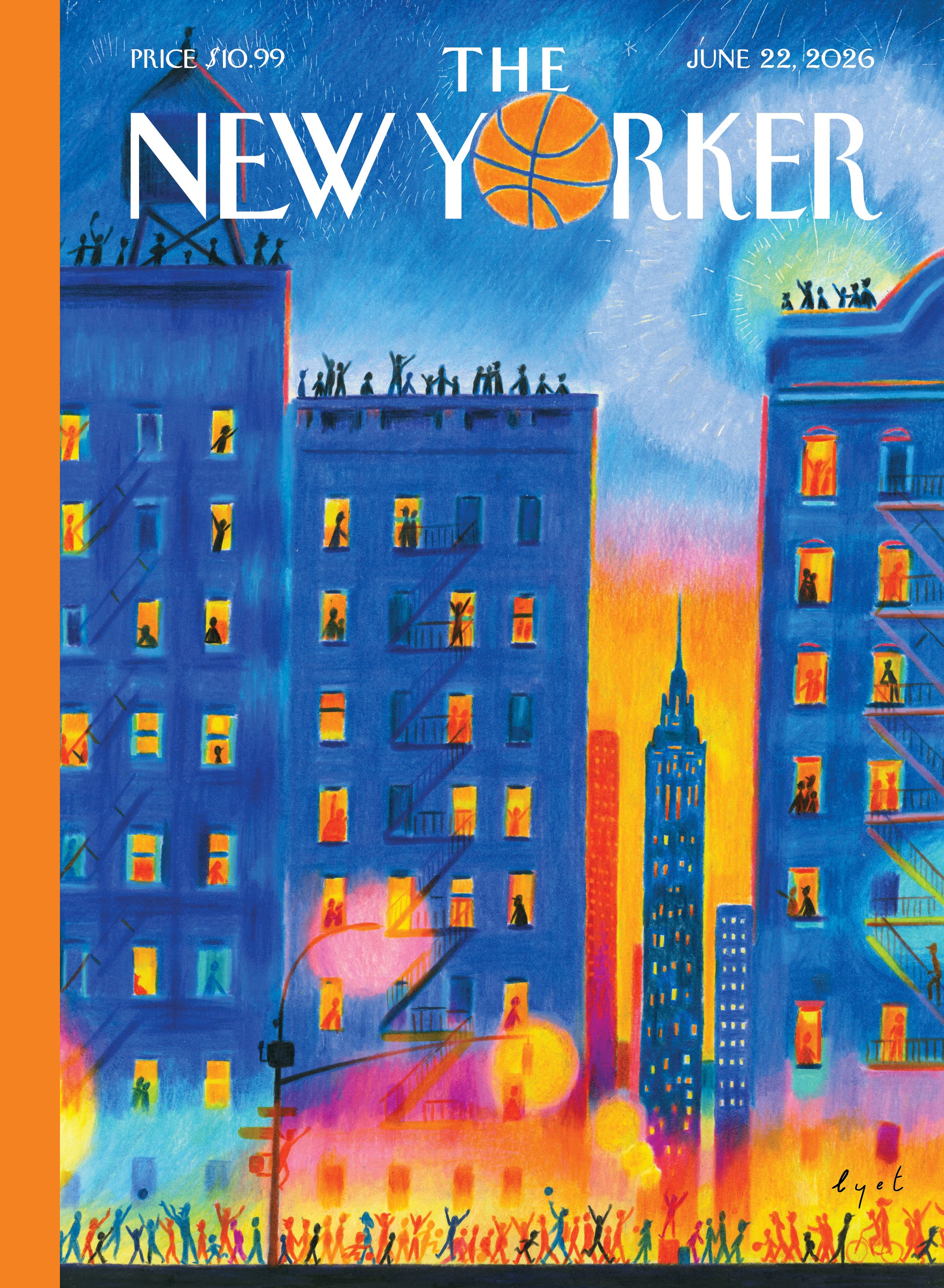 Cover of "The New Yorker,"June 22, 2026. A night-blue cityscape with lit windows and rooftop crowds; a large orange basketball replaces the 'O' in "New Yorker"; orange spine on the left, bottom crowd.
