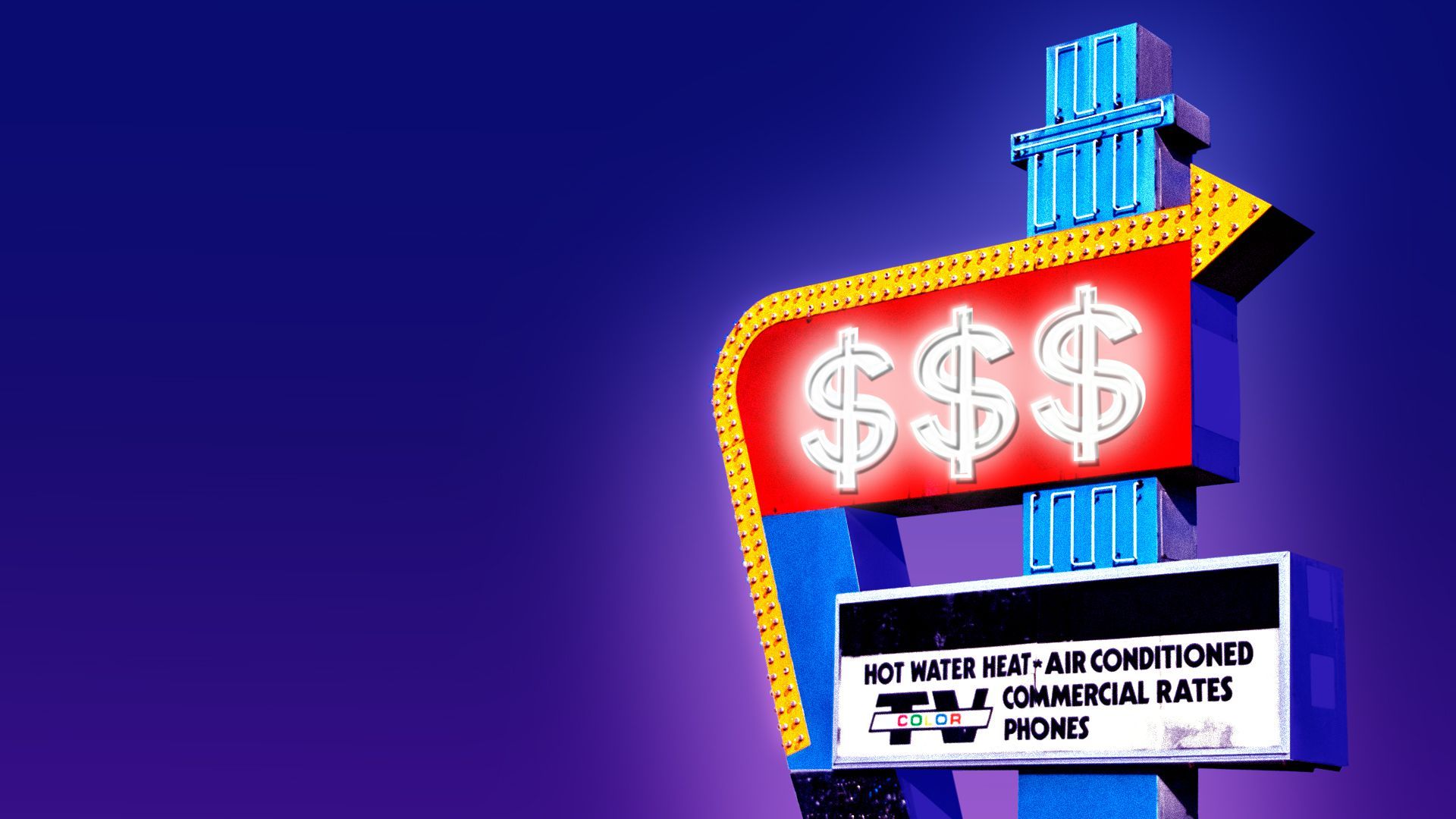 Illustration of a lit up hotel sign with dollar signs on it