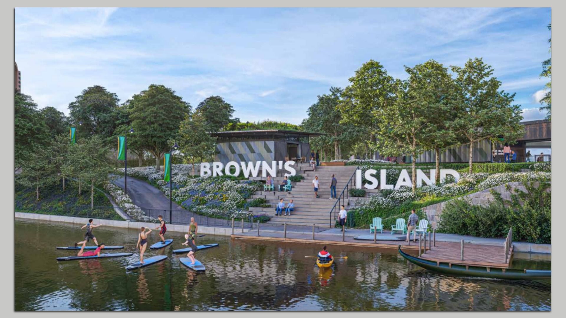 A rendering of part of the improved Brown's Island.showing people stand up paddleboarding in front of a Brown's Island sign Image: Courtesy of Venture Richmond