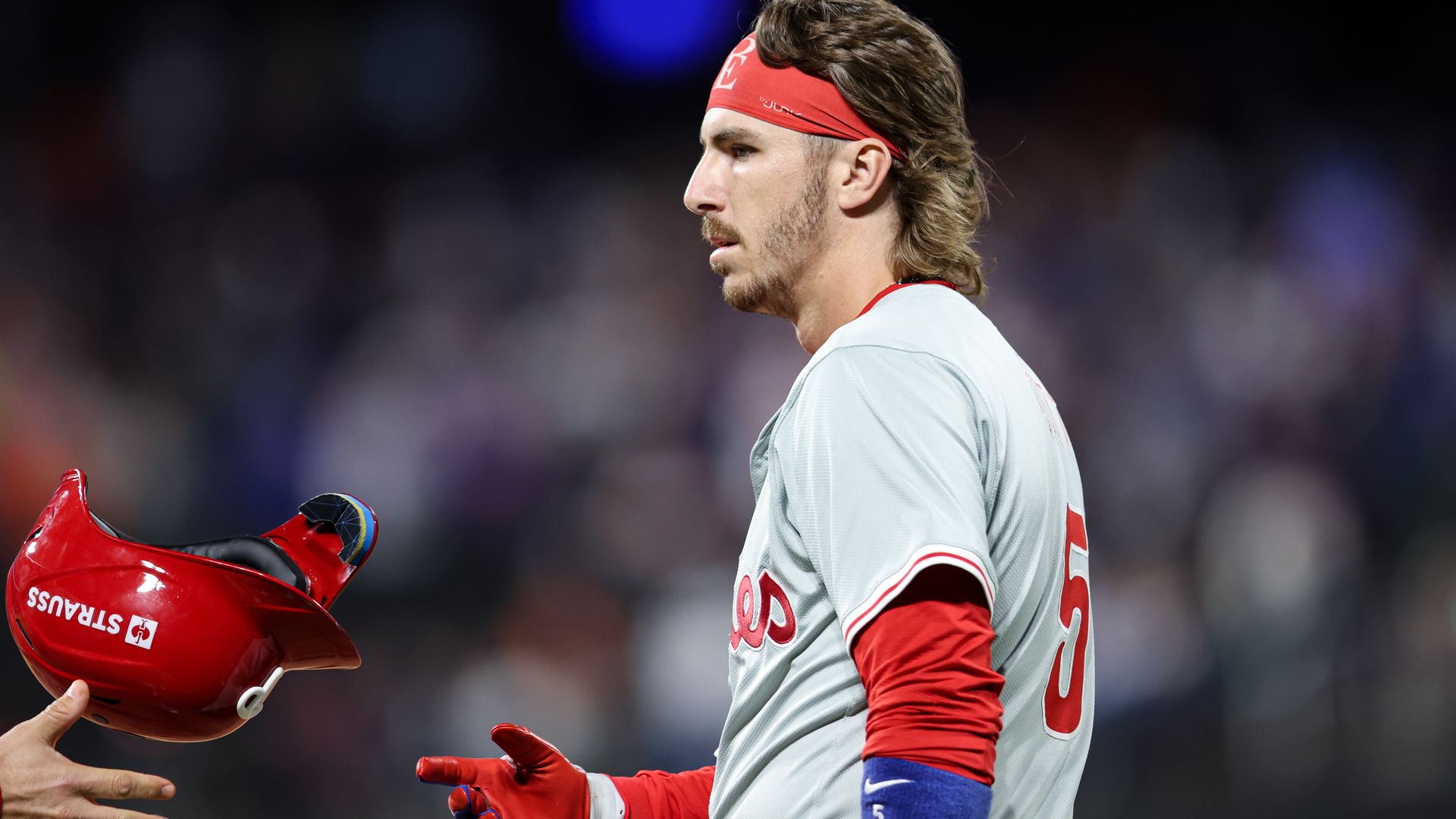 Bryson Stott flips his helmet during the Phillies season-ending loss to the Mets in Game 4 of the NLCS.