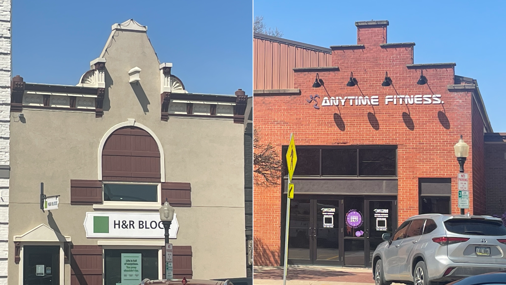 H&R Block and Anytime Fitness buildings shaped in Dutch architecture