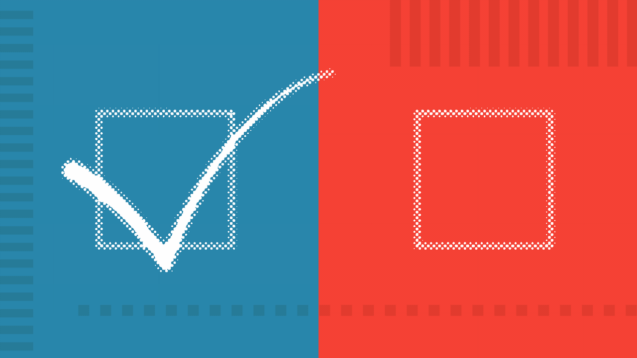 Illustration of two checkboxes over a divided blue and red background, with a checkmark moving back and forth between them.