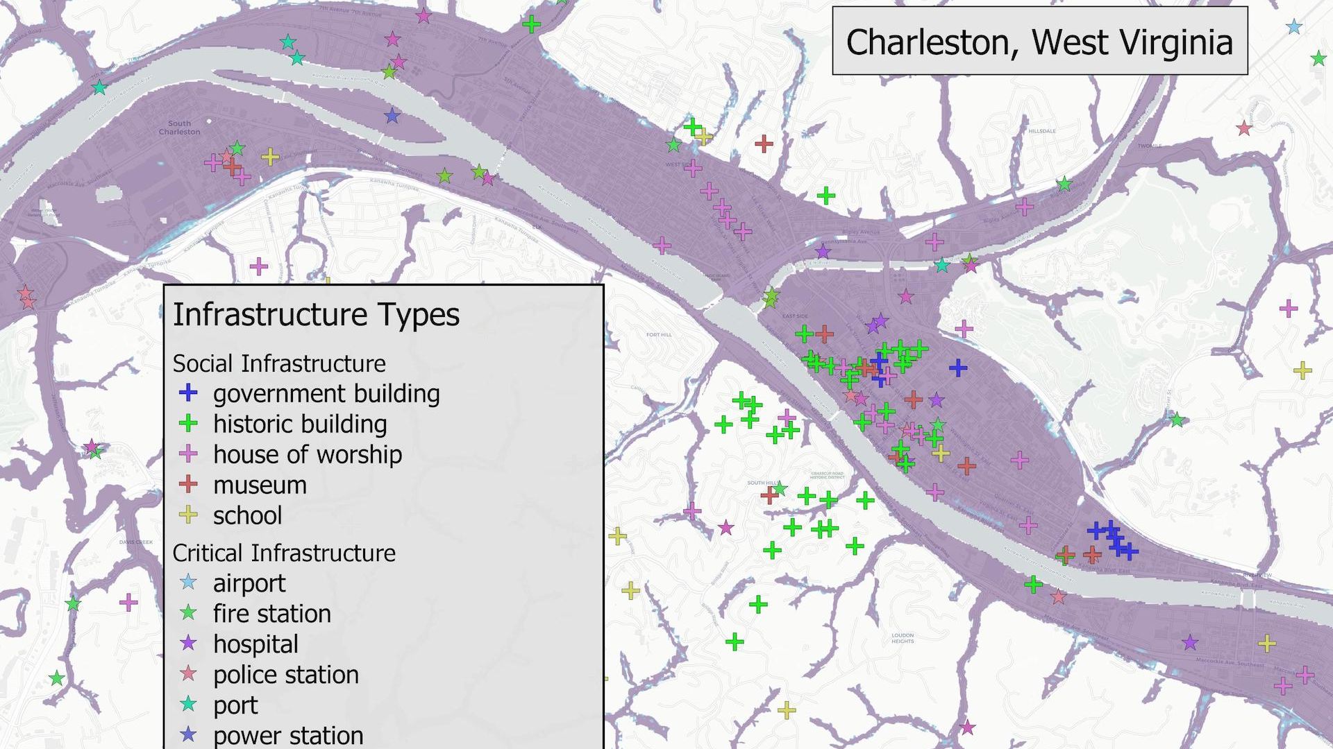 Map showing flood risk to homes, businesses and critical infrastructure in Charleston, W. Va. 