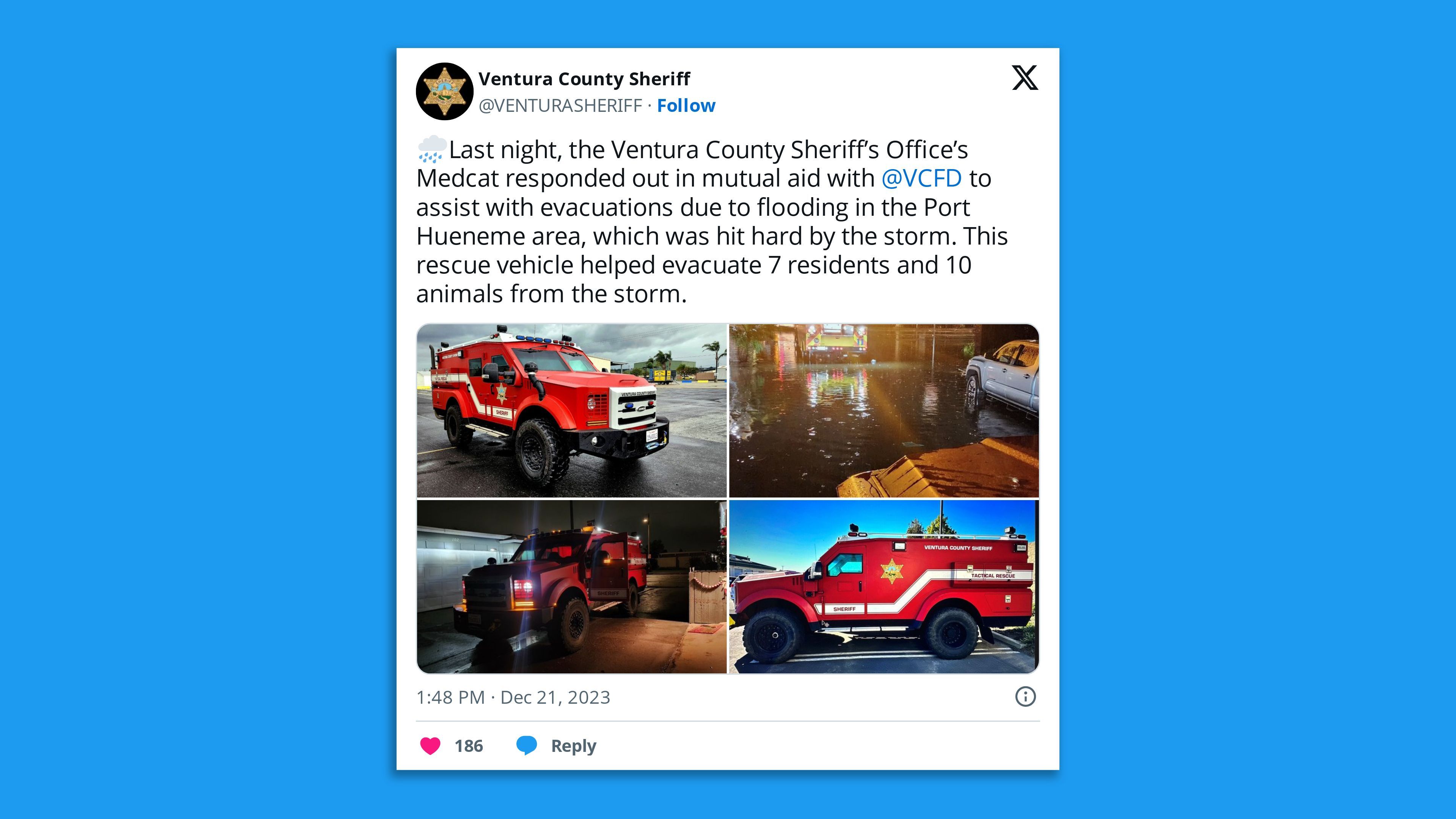 A screenshot of the Ventura County Sheriff's Office's photo tweet, showing images of its  Medcat conducting rescues on flooded roads, with the caption: "🌧️Last night, the Ventura County Sheriff’s Office’s Medcat responded out in mutual aid with  @VCFD  to assist with evacuations due to flooding in the Port Hueneme area, which was hit hard by the storm. This rescue vehicle helped evacuate 7 residents and 10 animals from the storm."