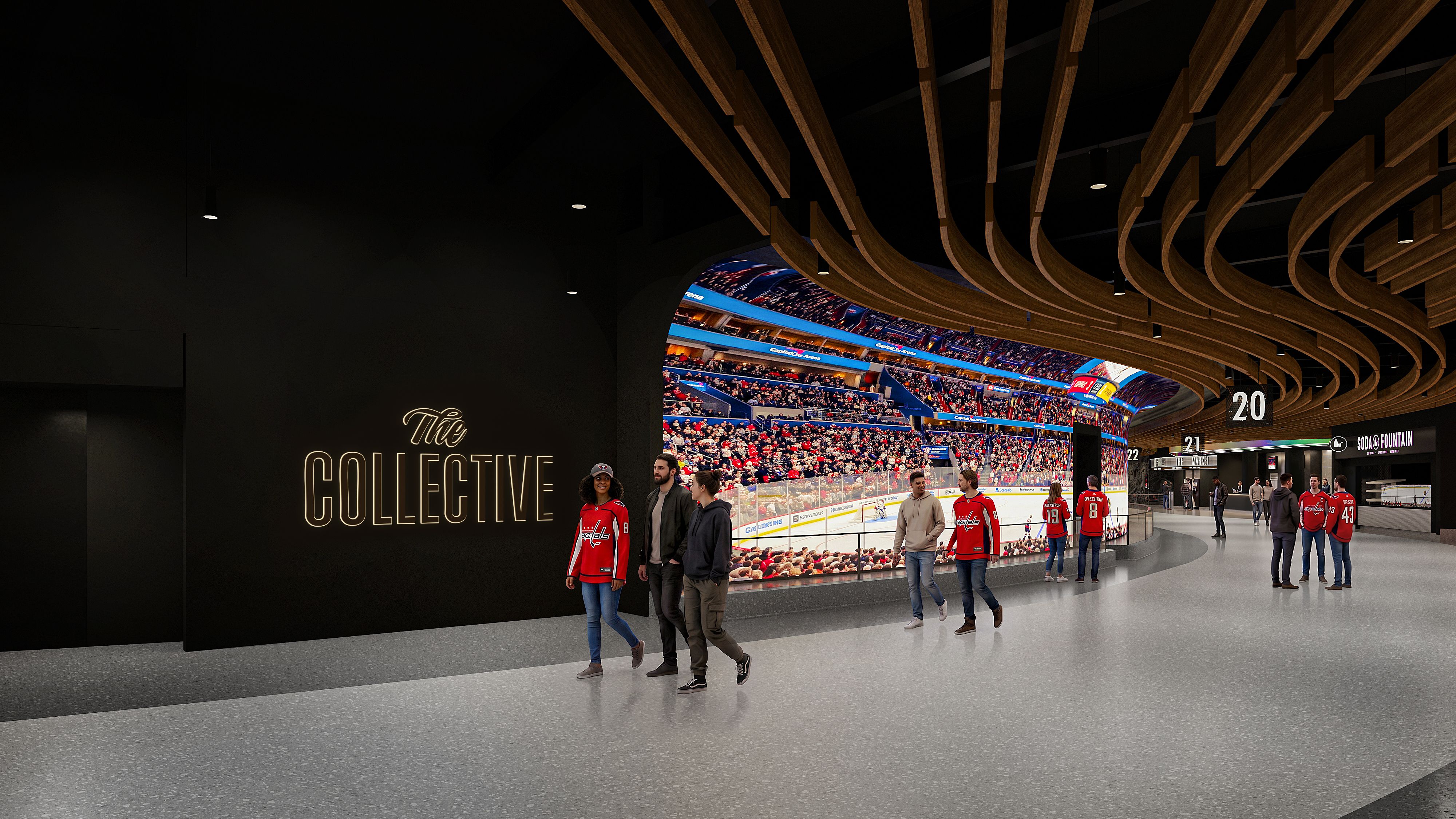 Modern hockey arena concourse with a dramatic curved wooden ceiling. People in red jerseys walk past a glass-front rink filled with fans; left wall displays the neon sign "The Collective".