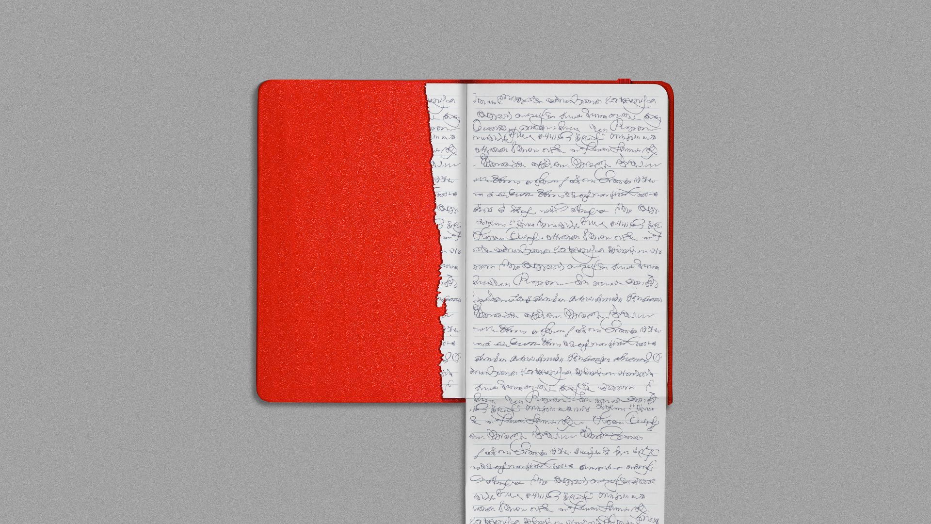 Illustration of a student's notebook. On one side pages are torn out and on the other they are extended. 