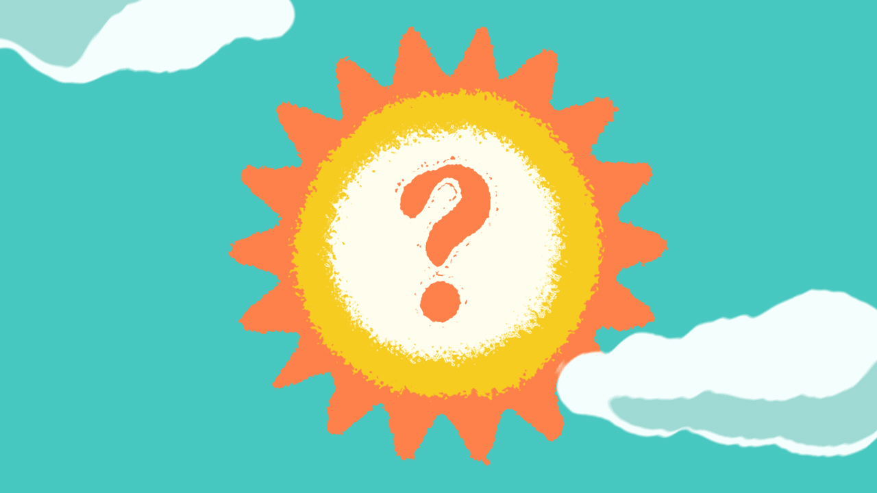 Animated illustration of a sun with a question mark in the middle, warped by heat distortion.