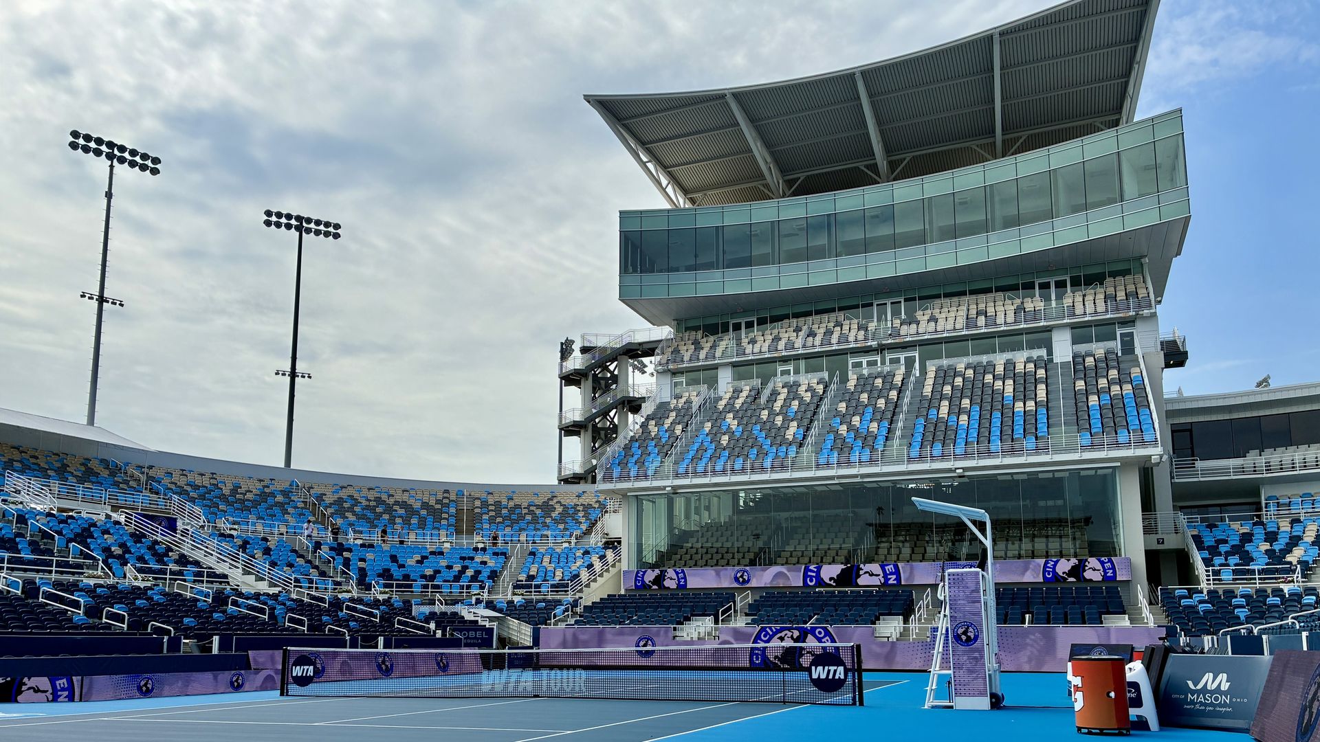 A court level shot of center court at the Lindner Family Tennis Center.